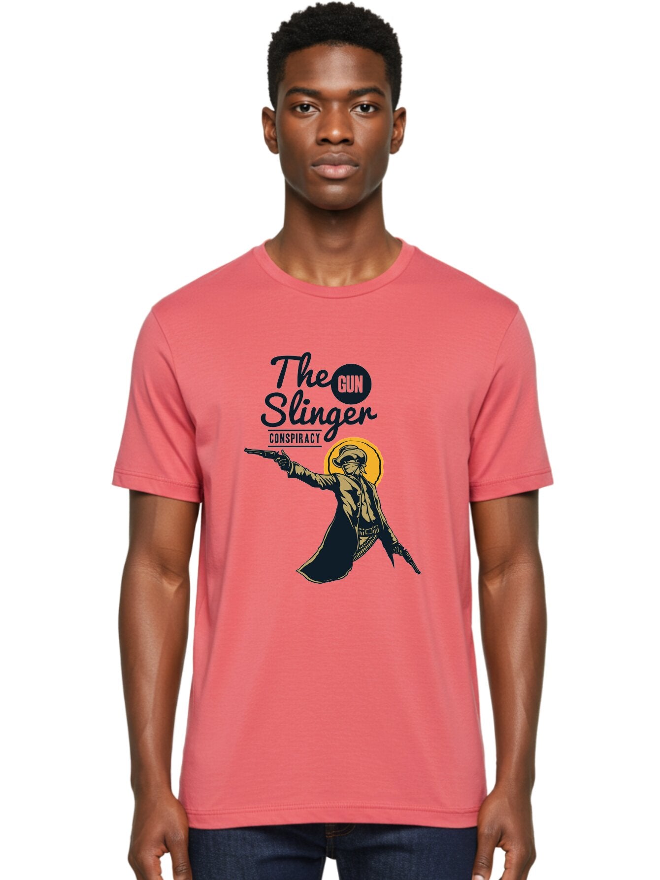The Gun Slinger Men'S Graphic Tee, 100% Cotton, Comfortable Casual Summer Wear, Machine Washable, Cowboy Illustration, Gunslinger Pose, Western Style, Conspiracy Theory, Mysterious Figure, Sunglasses, Hat, Coat, Guns, Western Theme, Aae708 21