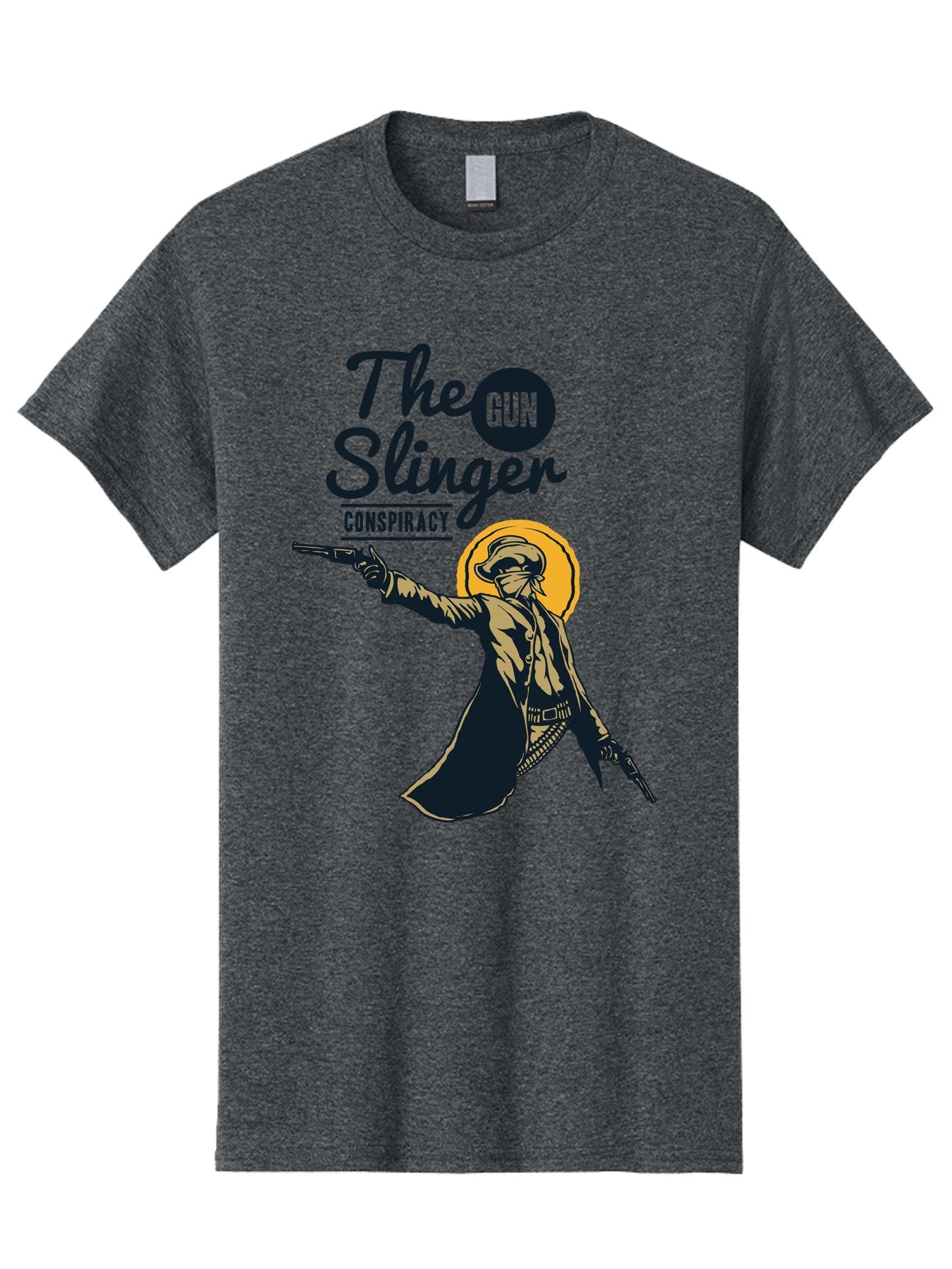 The Gun Slinger Men'S Graphic Tee, 100% Cotton, Comfortable Casual Summer Wear, Machine Washable, Cowboy Illustration, Gunslinger Pose, Western Style, Conspiracy Theory, Mysterious Figure, Sunglasses, Hat, Coat, Guns, Western Theme, Aae708 9