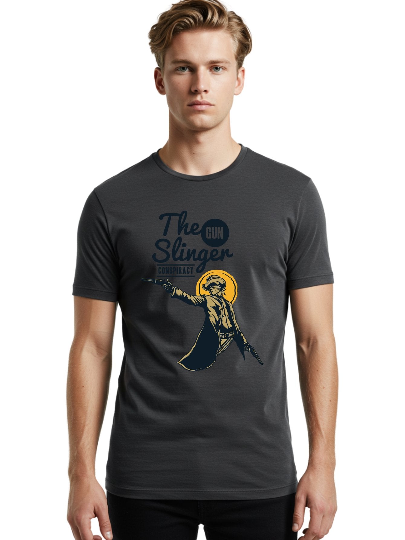The Gun Slinger Men'S Graphic Tee, 100% Cotton, Comfortable Casual Summer Wear, Machine Washable, Cowboy Illustration, Gunslinger Pose, Western Style, Conspiracy Theory, Mysterious Figure, Sunglasses, Hat, Coat, Guns, Western Theme, Aae708 26