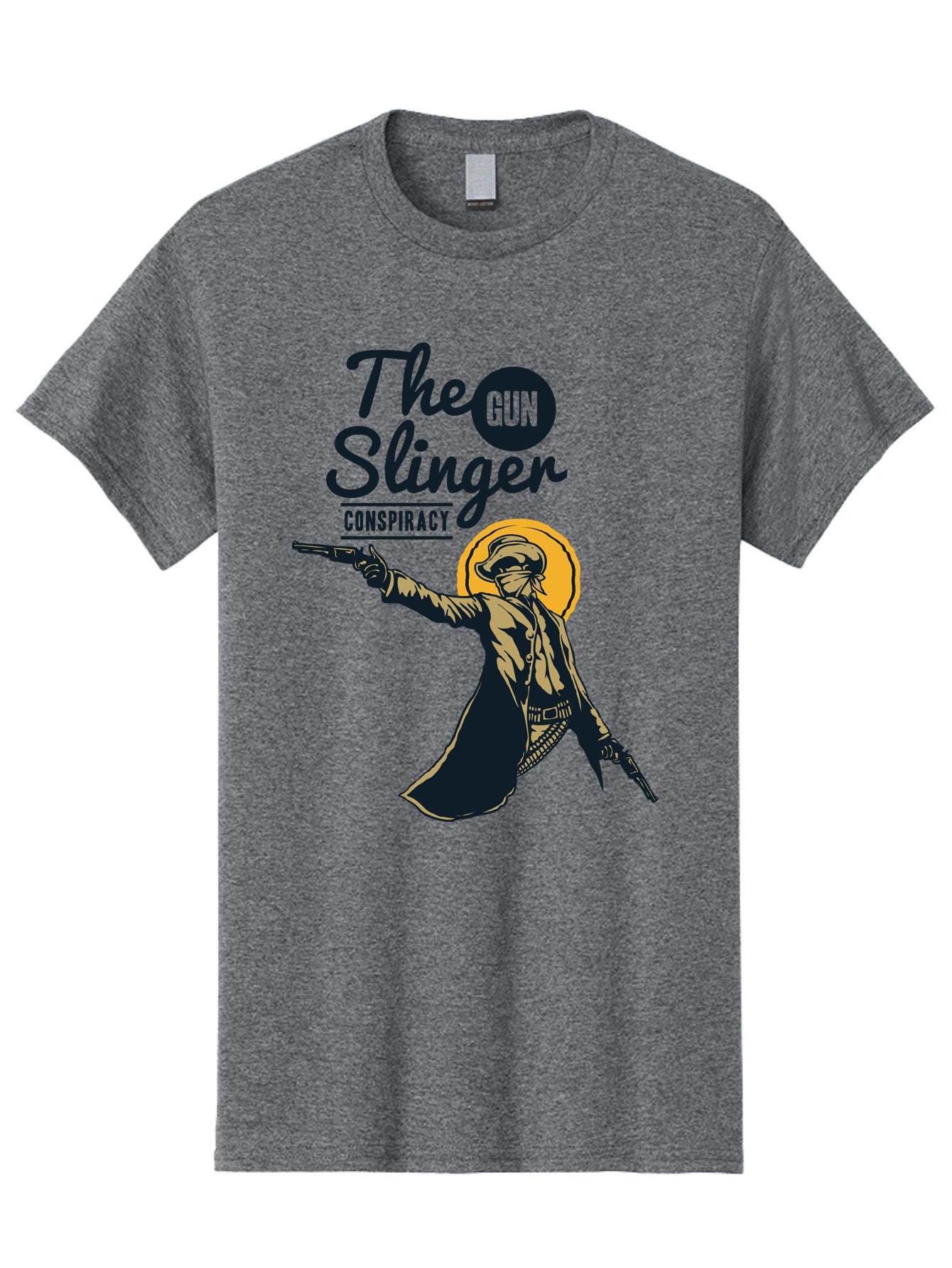 The Gun Slinger Men'S Graphic Tee, 100% Cotton, Comfortable Casual Summer Wear, Machine Washable, Cowboy Illustration, Gunslinger Pose, Western Style, Conspiracy Theory, Mysterious Figure, Sunglasses, Hat, Coat, Guns, Western Theme, Aae708 8