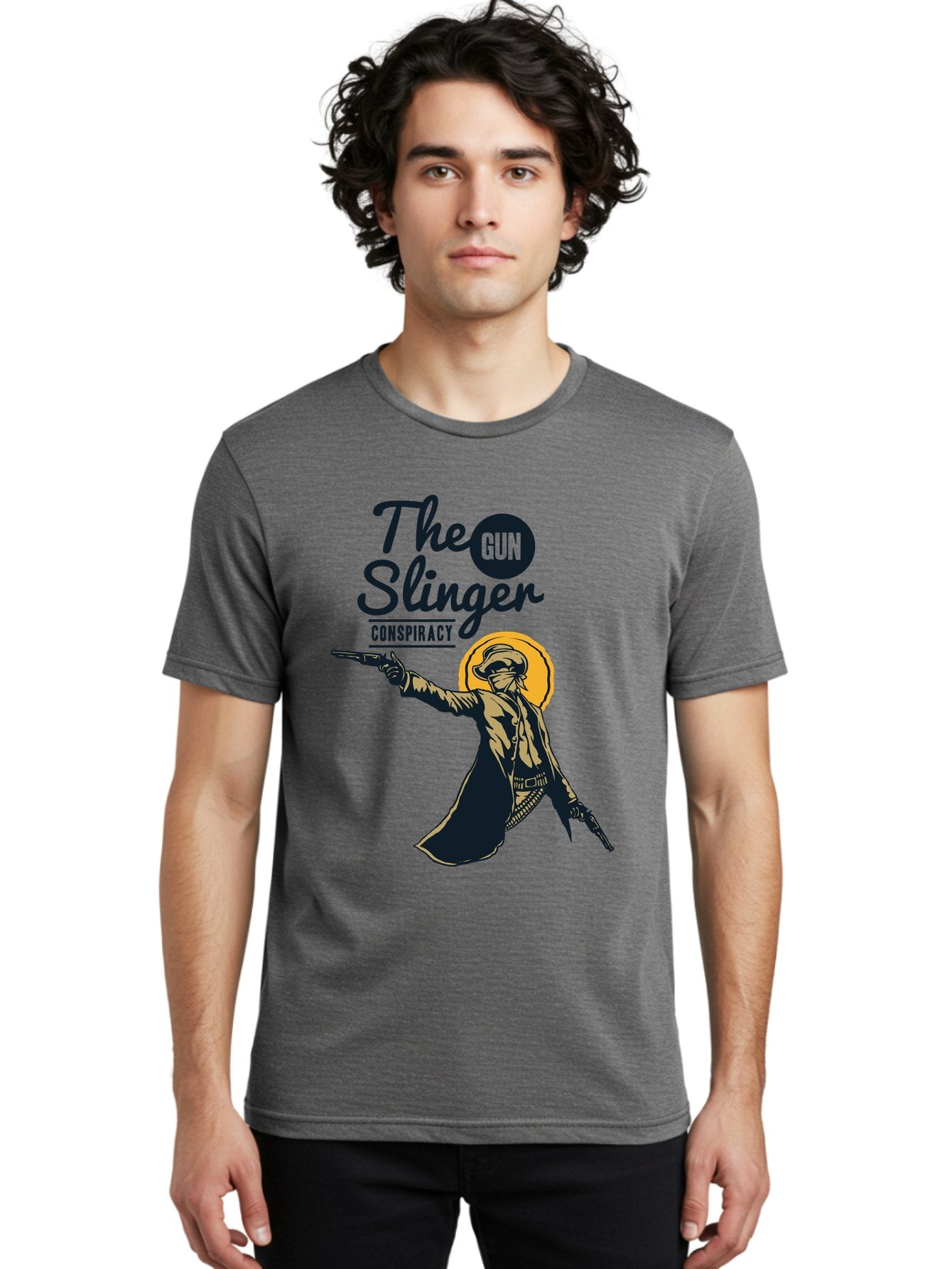 The Gun Slinger Men'S Graphic Tee, 100% Cotton, Comfortable Casual Summer Wear, Machine Washable, Cowboy Illustration, Gunslinger Pose, Western Style, Conspiracy Theory, Mysterious Figure, Sunglasses, Hat, Coat, Guns, Western Theme, Aae708 25