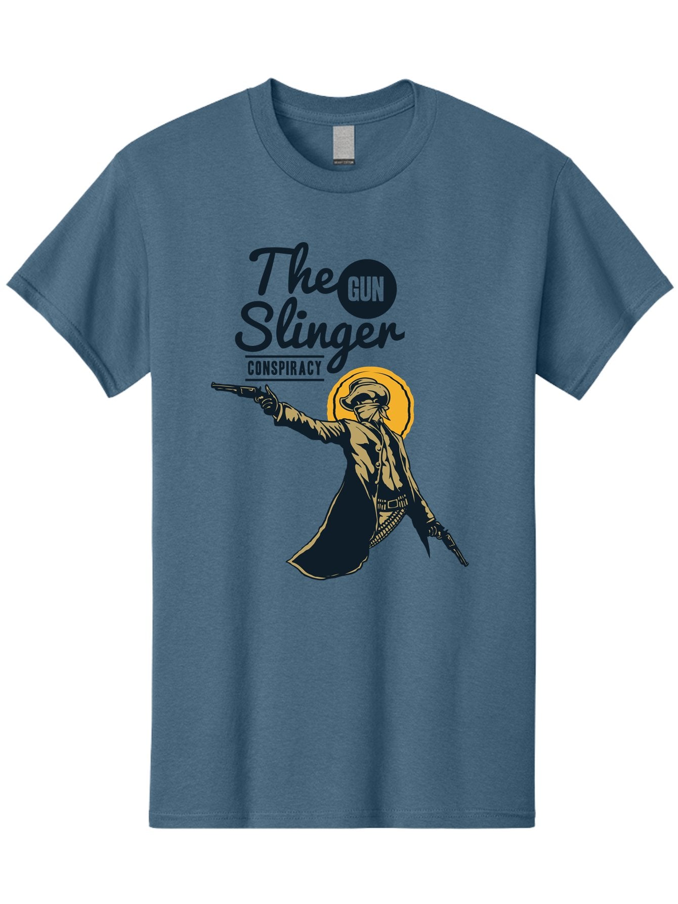 The Gun Slinger Men'S Graphic Tee, 100% Cotton, Comfortable Casual Summer Wear, Machine Washable, Cowboy Illustration, Gunslinger Pose, Western Style, Conspiracy Theory, Mysterious Figure, Sunglasses, Hat, Coat, Guns, Western Theme, Aae708 11