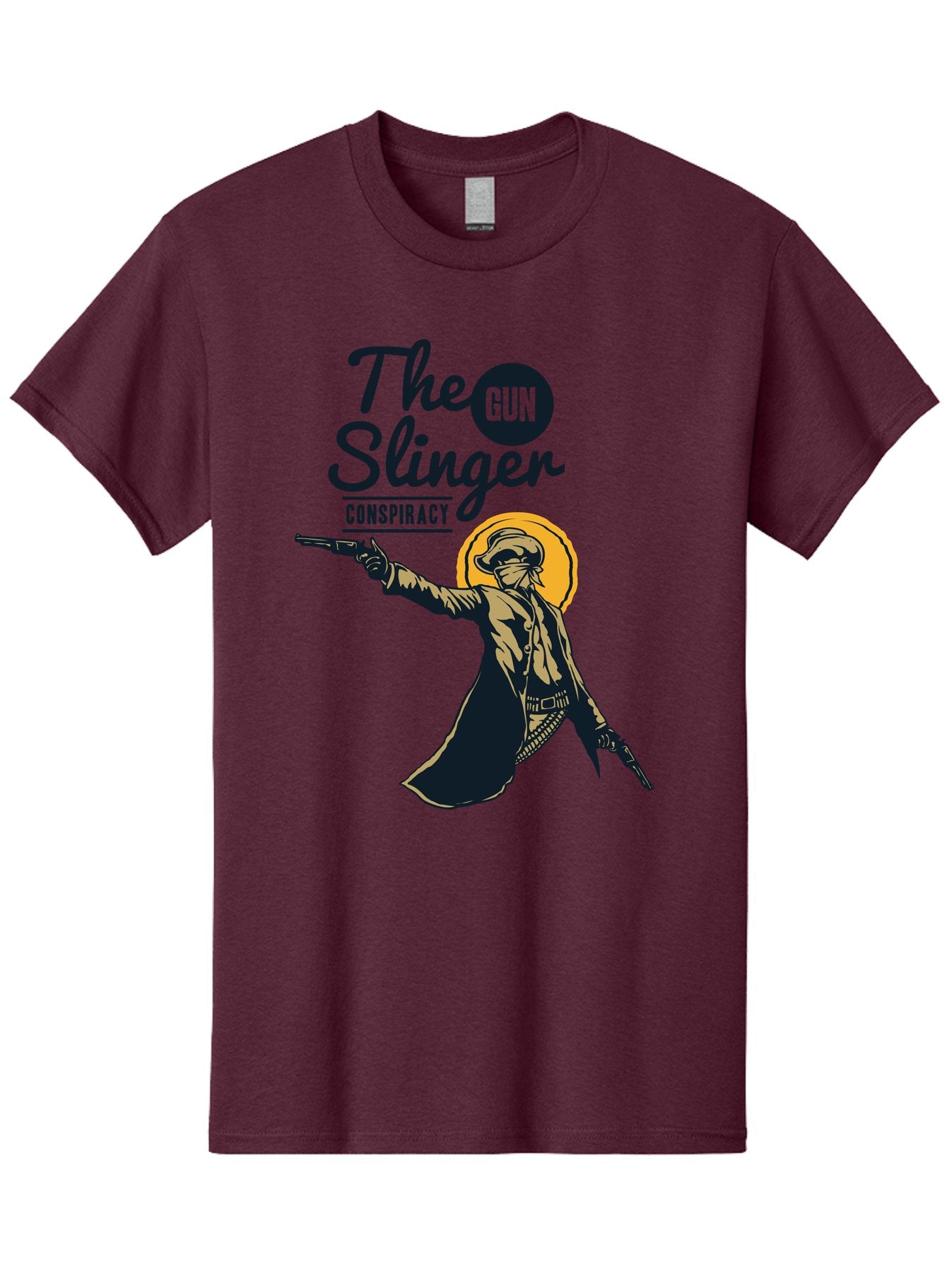 The Gun Slinger Men'S Graphic Tee, 100% Cotton, Comfortable Casual Summer Wear, Machine Washable, Cowboy Illustration, Gunslinger Pose, Western Style, Conspiracy Theory, Mysterious Figure, Sunglasses, Hat, Coat, Guns, Western Theme, Aae708 6