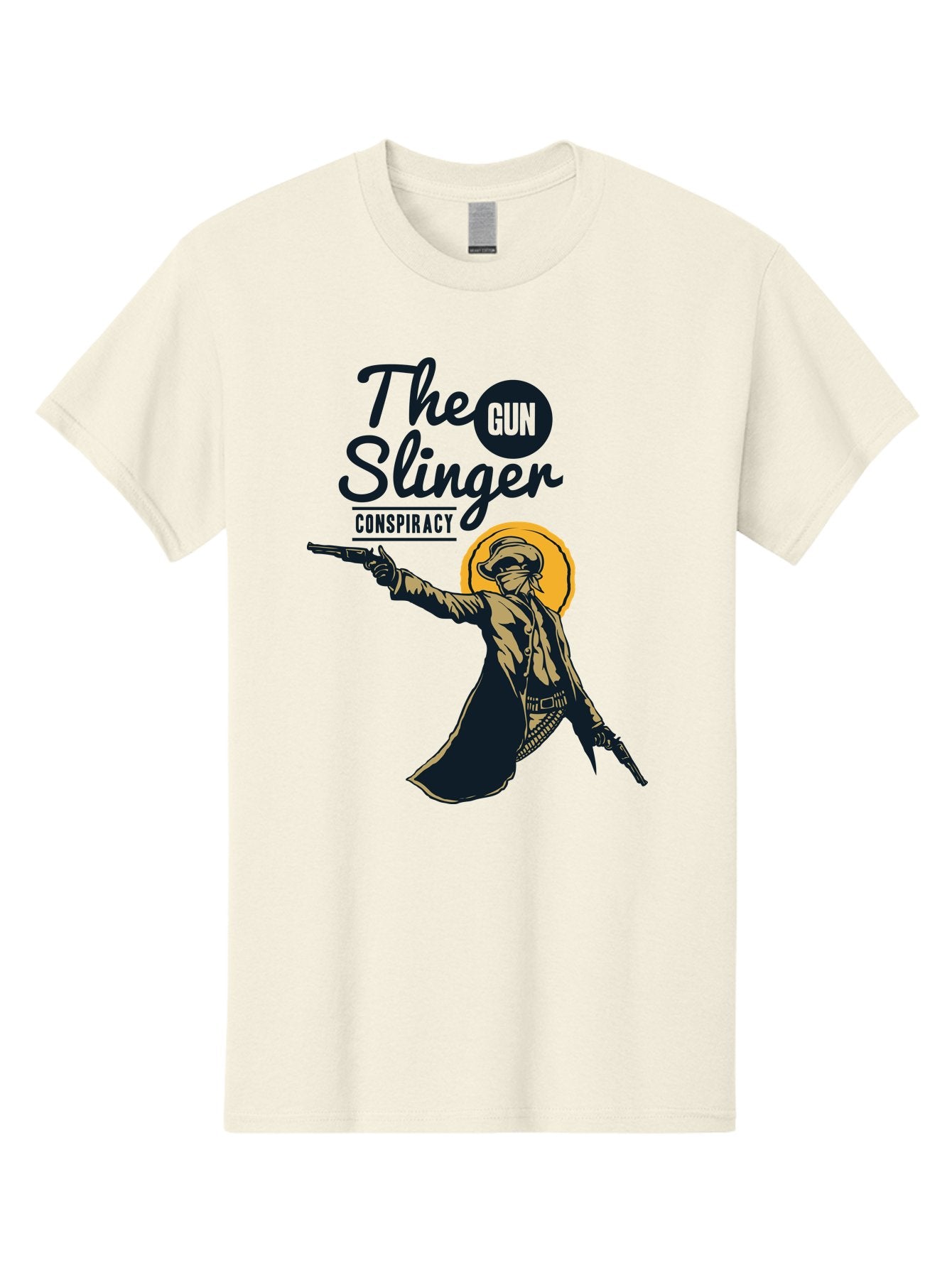 The Gun Slinger Men'S Graphic Tee, 100% Cotton, Comfortable Casual Summer Wear, Machine Washable, Cowboy Illustration, Gunslinger Pose, Western Style, Conspiracy Theory, Mysterious Figure, Sunglasses, Hat, Coat, Guns, Western Theme, Aae708 3