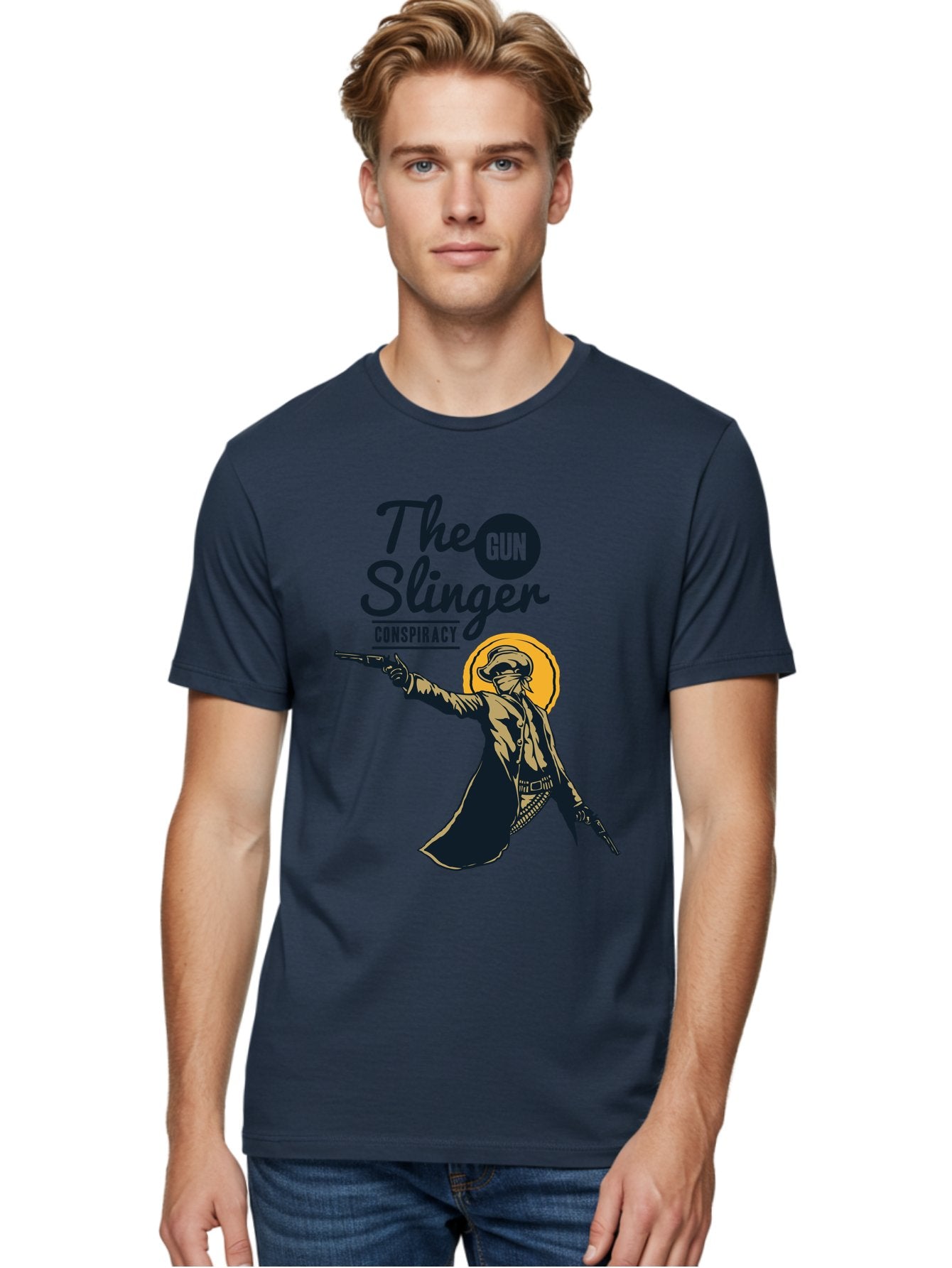 The Gun Slinger Men'S Graphic Tee, 100% Cotton, Comfortable Casual Summer Wear, Machine Washable, Cowboy Illustration, Gunslinger Pose, Western Style, Conspiracy Theory, Mysterious Figure, Sunglasses, Hat, Coat, Guns, Western Theme, Aae708 19