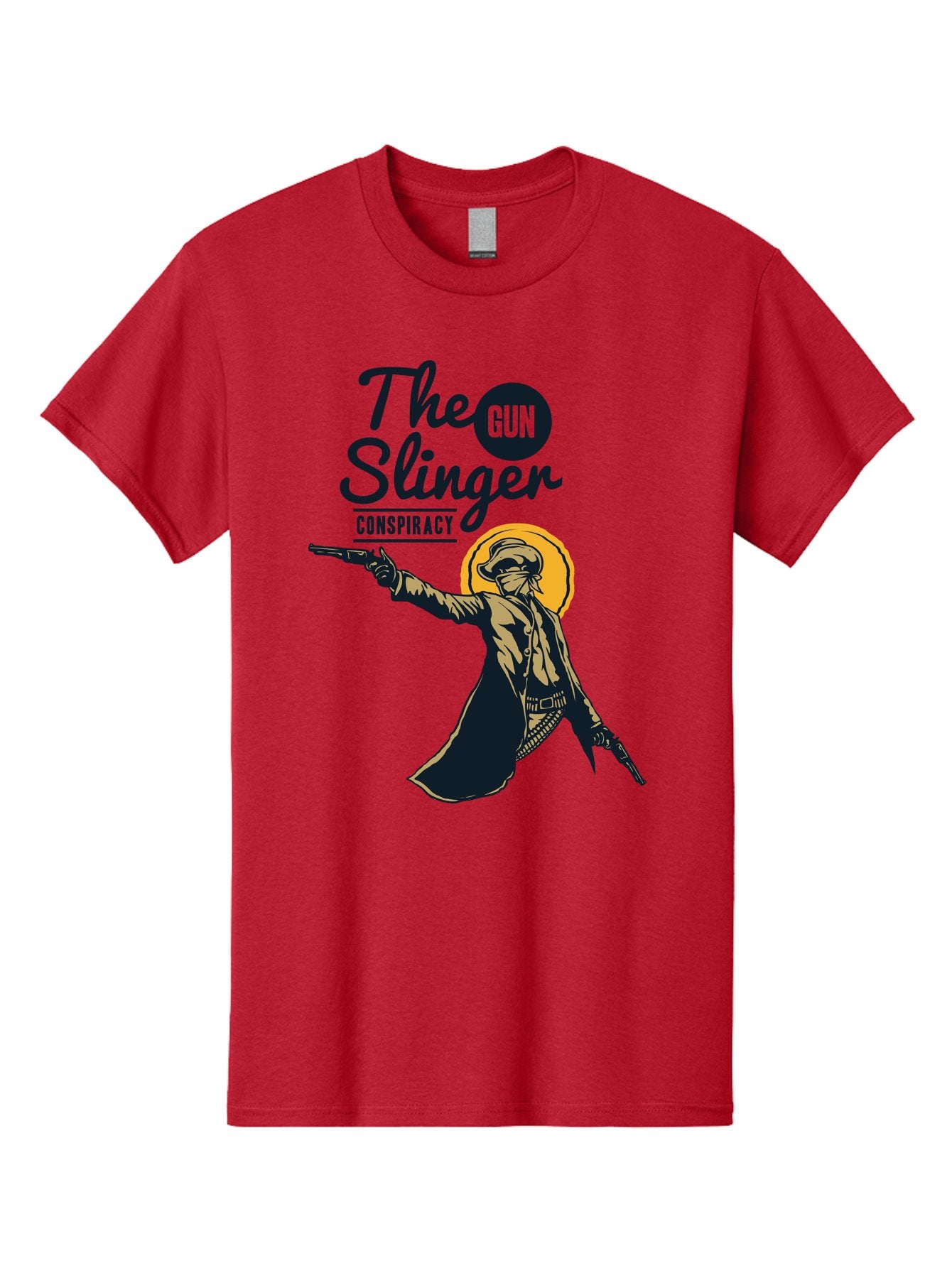 The Gun Slinger Men'S Graphic Tee, 100% Cotton, Comfortable Casual Summer Wear, Machine Washable, Cowboy Illustration, Gunslinger Pose, Western Style, Conspiracy Theory, Mysterious Figure, Sunglasses, Hat, Coat, Guns, Western Theme, Aae708 12