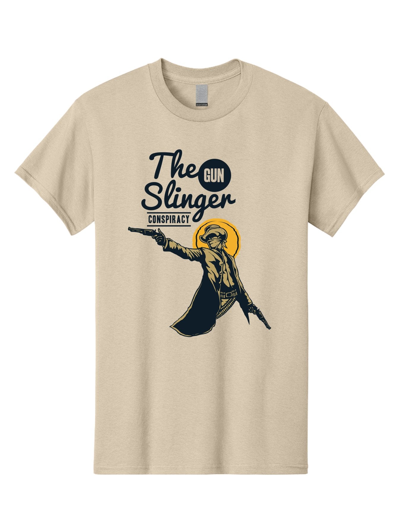 The Gun Slinger Men'S Graphic Tee, 100% Cotton, Comfortable Casual Summer Wear, Machine Washable, Cowboy Illustration, Gunslinger Pose, Western Style, Conspiracy Theory, Mysterious Figure, Sunglasses, Hat, Coat, Guns, Western Theme, Aae708 4