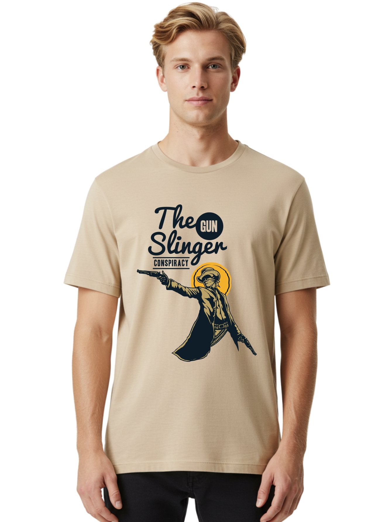 The Gun Slinger Men'S Graphic Tee, 100% Cotton, Comfortable Casual Summer Wear, Machine Washable, Cowboy Illustration, Gunslinger Pose, Western Style, Conspiracy Theory, Mysterious Figure, Sunglasses, Hat, Coat, Guns, Western Theme, Aae708 18
