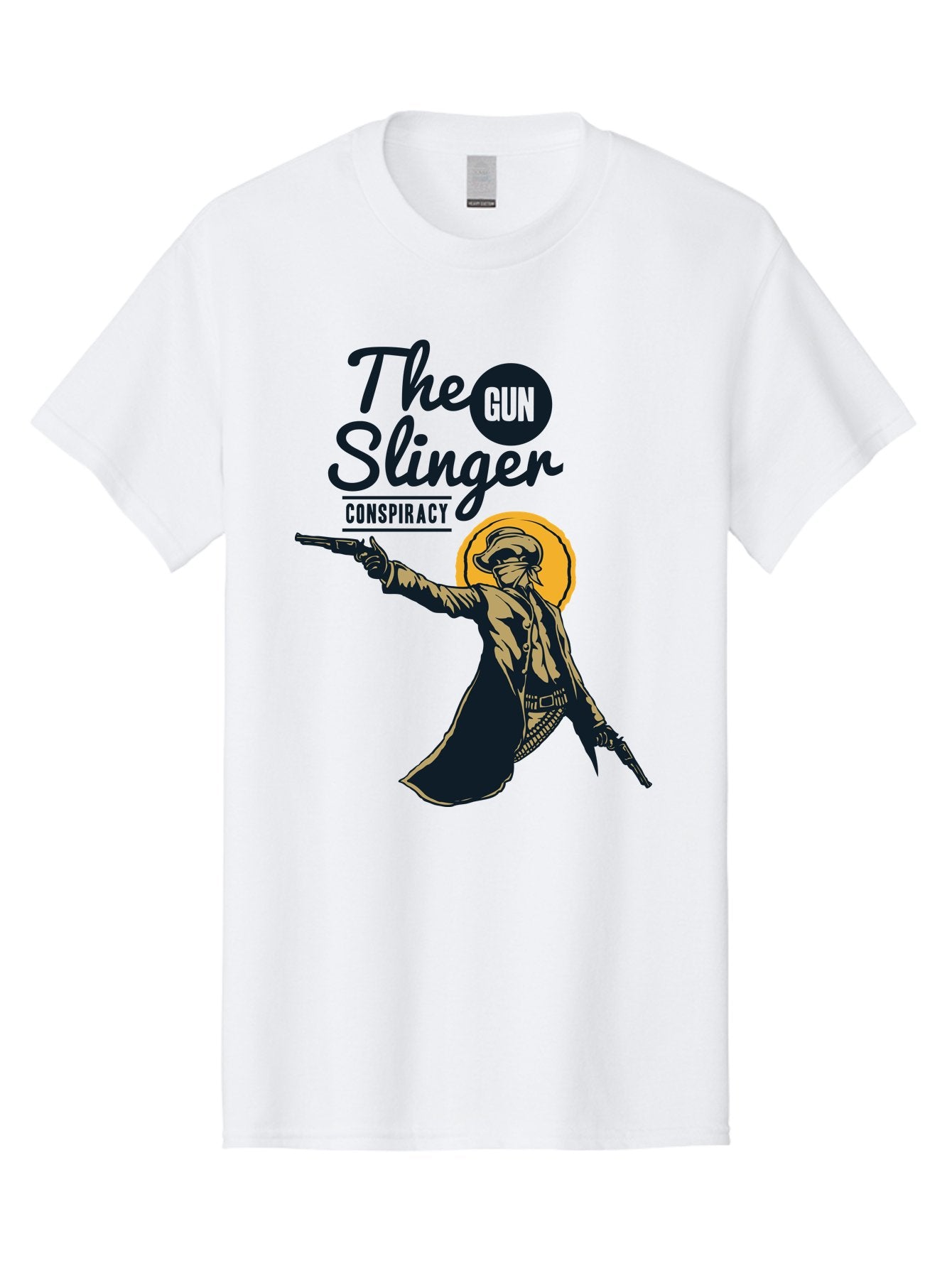 The Gun Slinger Men'S Graphic Tee, 100% Cotton, Comfortable Casual Summer Wear, Machine Washable, Cowboy Illustration, Gunslinger Pose, Western Style, Conspiracy Theory, Mysterious Figure, Sunglasses, Hat, Coat, Guns, Western Theme, Aae708 15