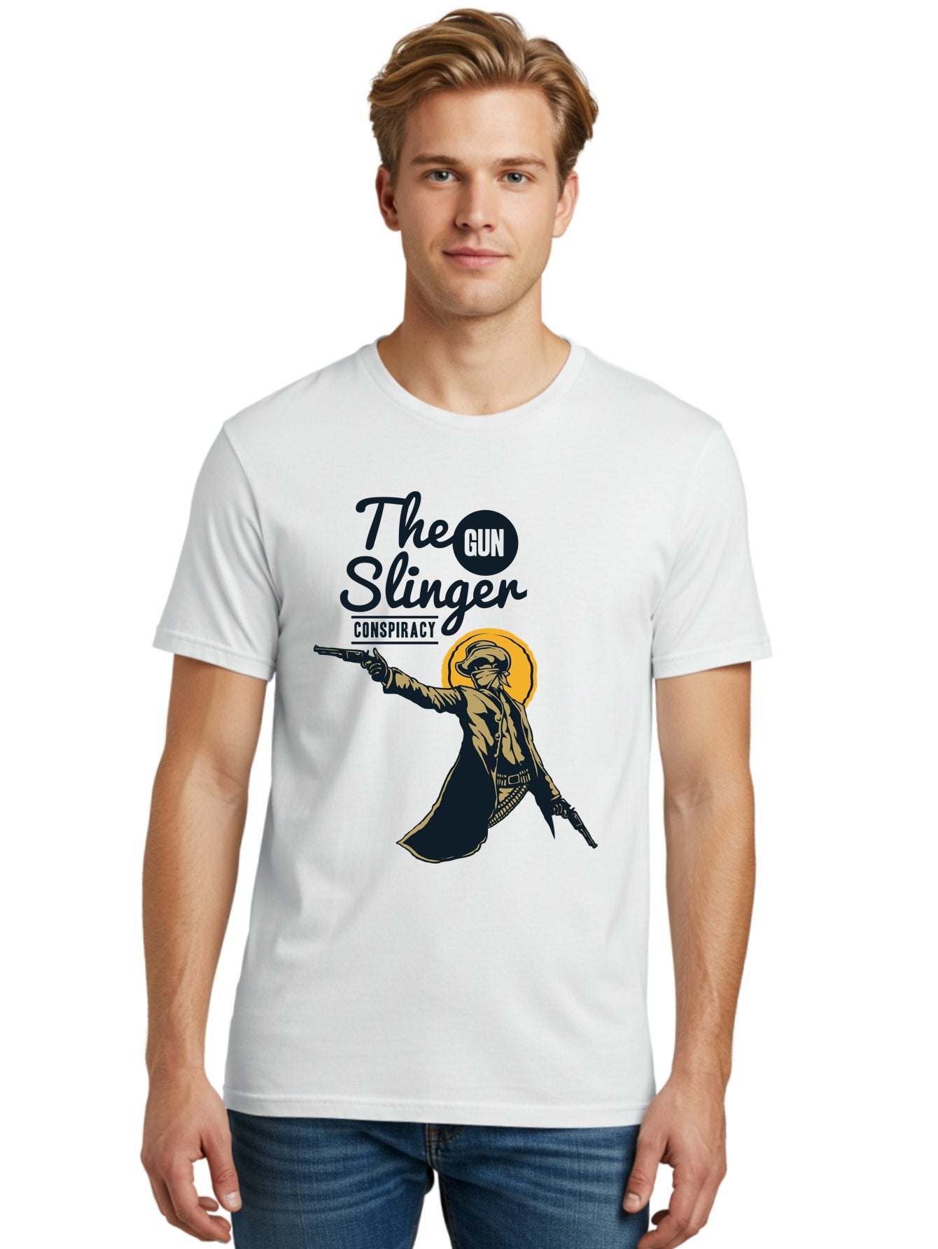 The Gun Slinger Men'S Graphic Tee, 100% Cotton, Comfortable Casual Summer Wear, Machine Washable, Cowboy Illustration, Gunslinger Pose, Western Style, Conspiracy Theory, Mysterious Figure, Sunglasses, Hat, Coat, Guns, Western Theme, Aae708 30