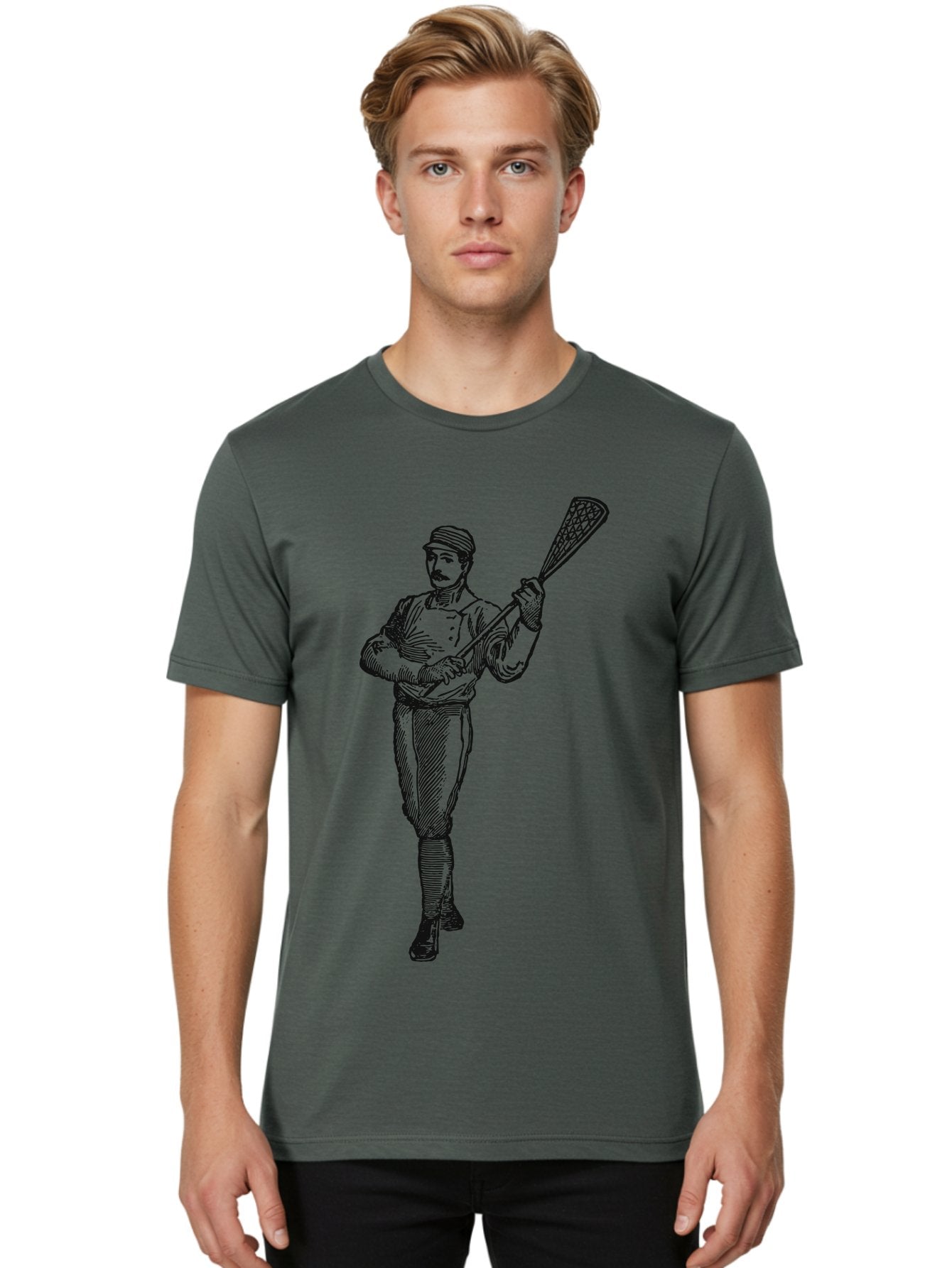 The Lacrosse Pioneer Men'S Graphic Tee, 100% Cotton, Comfortable Casual Summer Wear, Machine Washable, Lacrosse Player, Sports Illustration, Vintage Style, Mustachioed Man, Lacrosse Stick, Athletic Pose, Confident Stance, Aae711 17