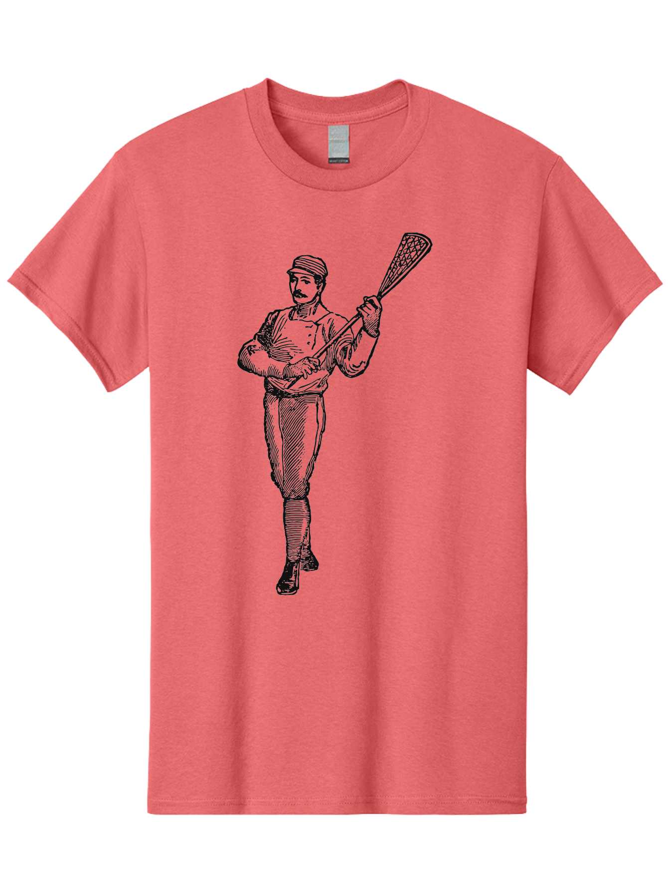 The Lacrosse Pioneer Men'S Graphic Tee, 100% Cotton, Comfortable Casual Summer Wear, Machine Washable, Lacrosse Player, Sports Illustration, Vintage Style, Mustachioed Man, Lacrosse Stick, Athletic Pose, Confident Stance, Aae711