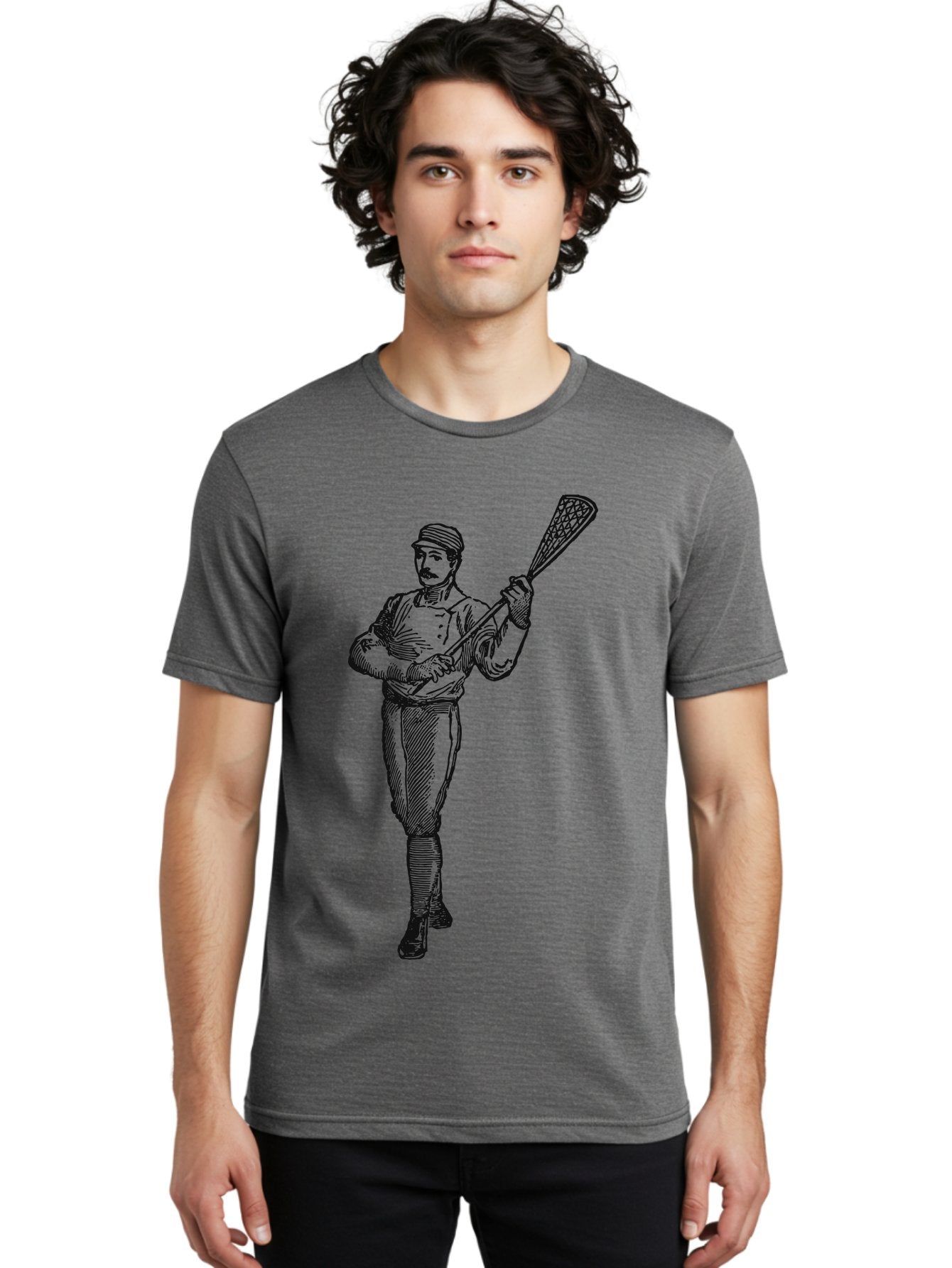 The Lacrosse Pioneer Men'S Graphic Tee, 100% Cotton, Comfortable Casual Summer Wear, Machine Washable, Lacrosse Player, Sports Illustration, Vintage Style, Mustachioed Man, Lacrosse Stick, Athletic Pose, Confident Stance, Aae711 18