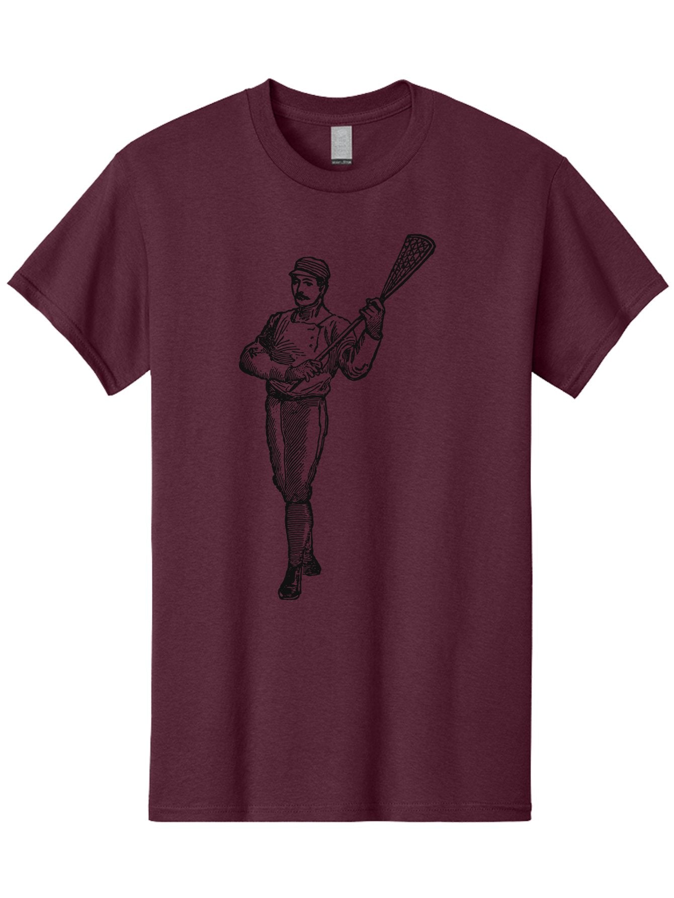 The Lacrosse Pioneer Men'S Graphic Tee, 100% Cotton, Comfortable Casual Summer Wear, Machine Washable, Lacrosse Player, Sports Illustration, Vintage Style, Mustachioed Man, Lacrosse Stick, Athletic Pose, Confident Stance, Aae711 5