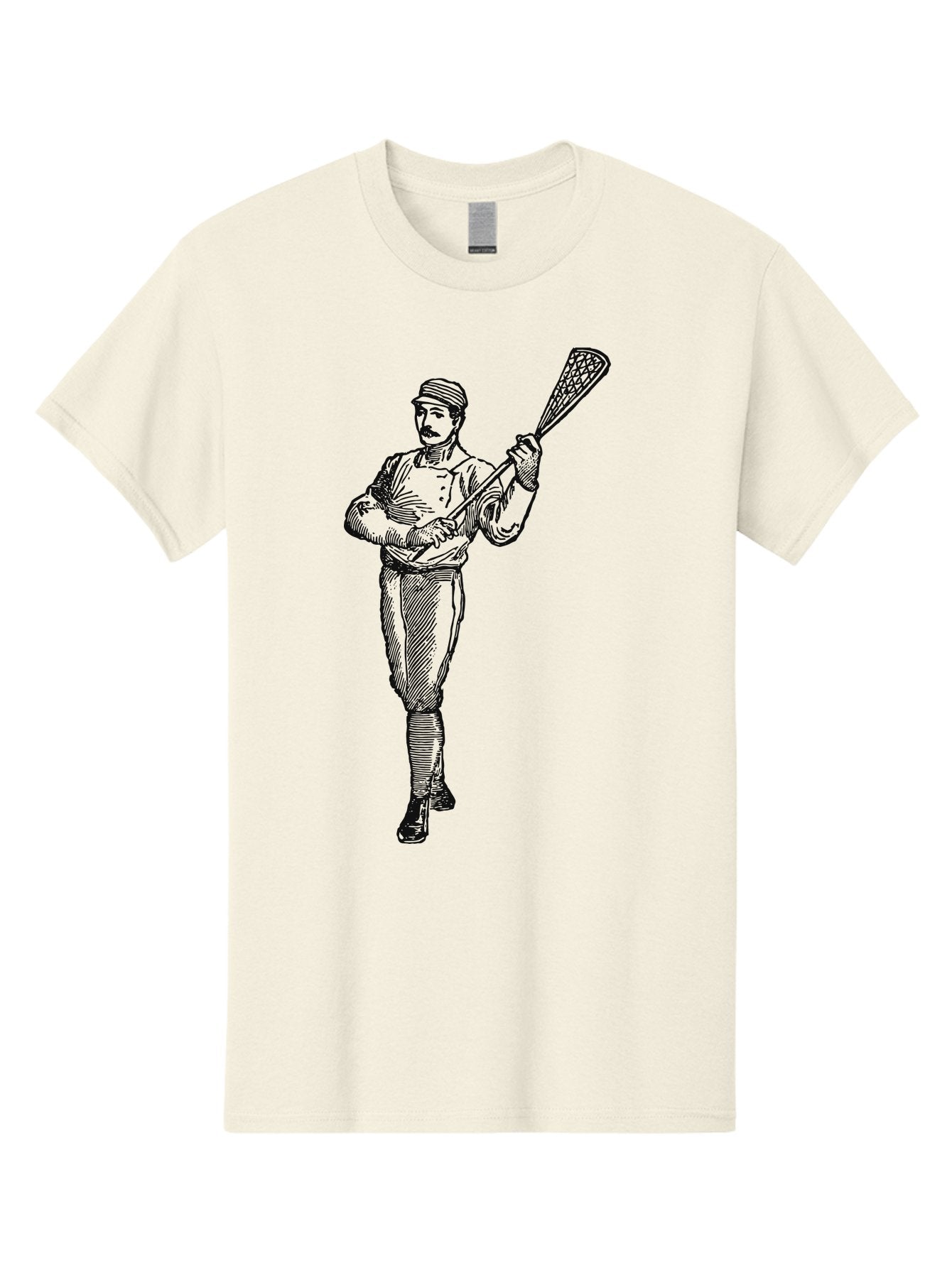 The Lacrosse Pioneer Men'S Graphic Tee, 100% Cotton, Comfortable Casual Summer Wear, Machine Washable, Lacrosse Player, Sports Illustration, Vintage Style, Mustachioed Man, Lacrosse Stick, Athletic Pose, Confident Stance, Aae711 15
