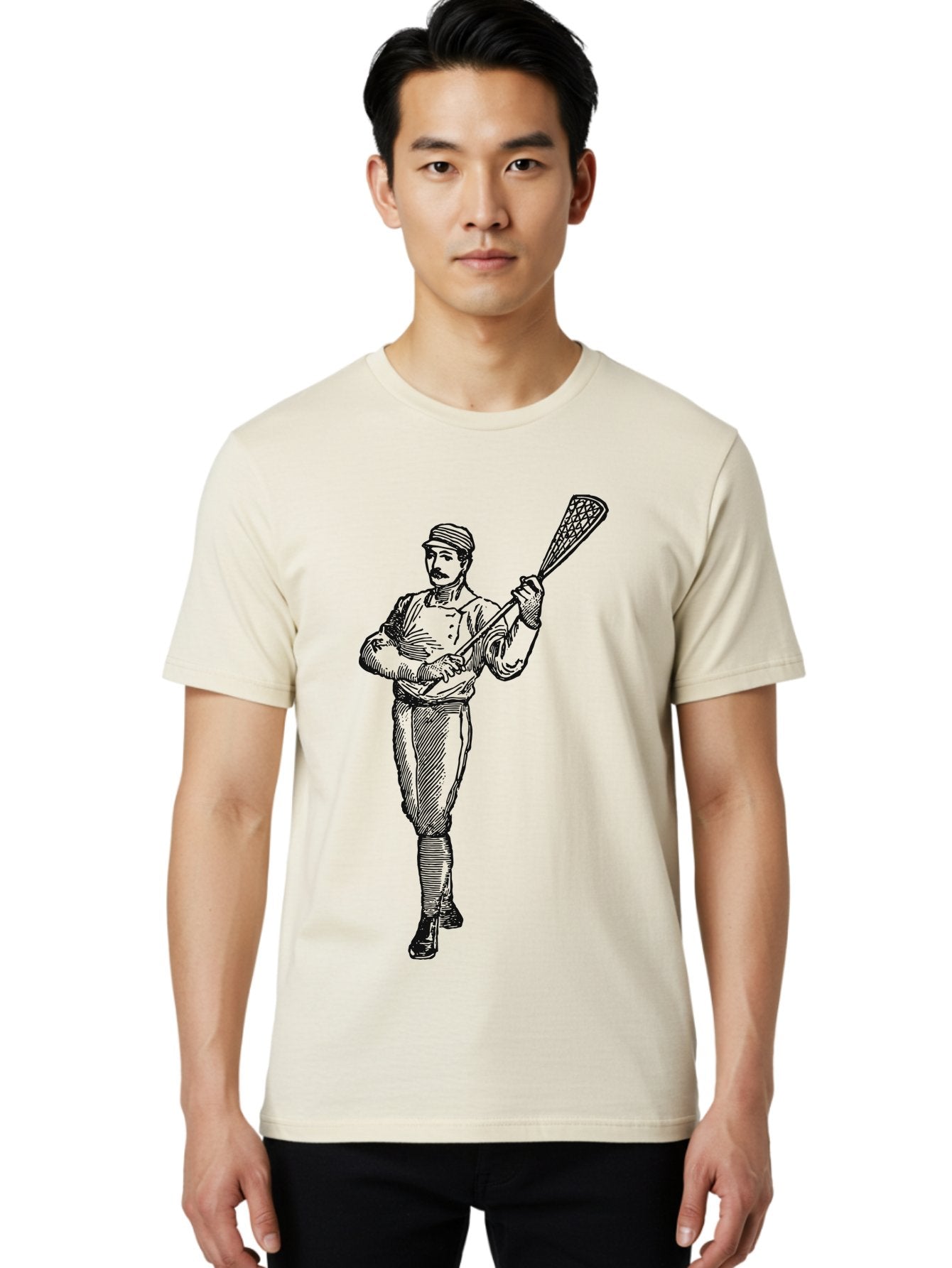 The Lacrosse Pioneer Men'S Graphic Tee, 100% Cotton, Comfortable Casual Summer Wear, Machine Washable, Lacrosse Player, Sports Illustration, Vintage Style, Mustachioed Man, Lacrosse Stick, Athletic Pose, Confident Stance, Aae711 30