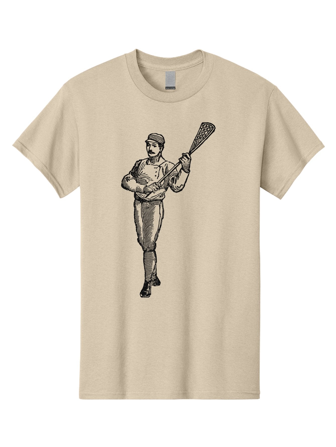 The Lacrosse Pioneer Men'S Graphic Tee, 100% Cotton, Comfortable Casual Summer Wear, Machine Washable, Lacrosse Player, Sports Illustration, Vintage Style, Mustachioed Man, Lacrosse Stick, Athletic Pose, Confident Stance, Aae711 14