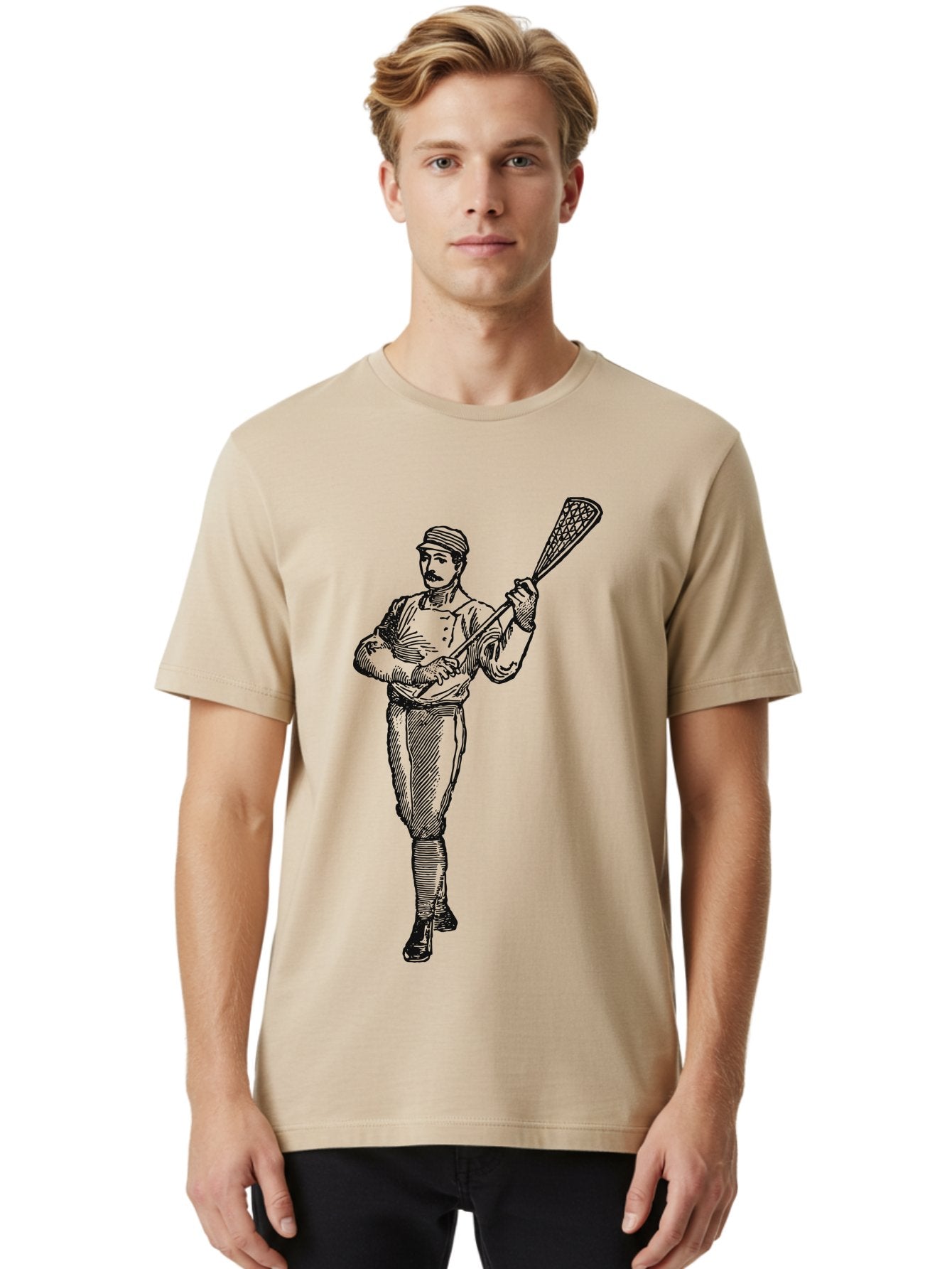 The Lacrosse Pioneer Men'S Graphic Tee, 100% Cotton, Comfortable Casual Summer Wear, Machine Washable, Lacrosse Player, Sports Illustration, Vintage Style, Mustachioed Man, Lacrosse Stick, Athletic Pose, Confident Stance, Aae711 29