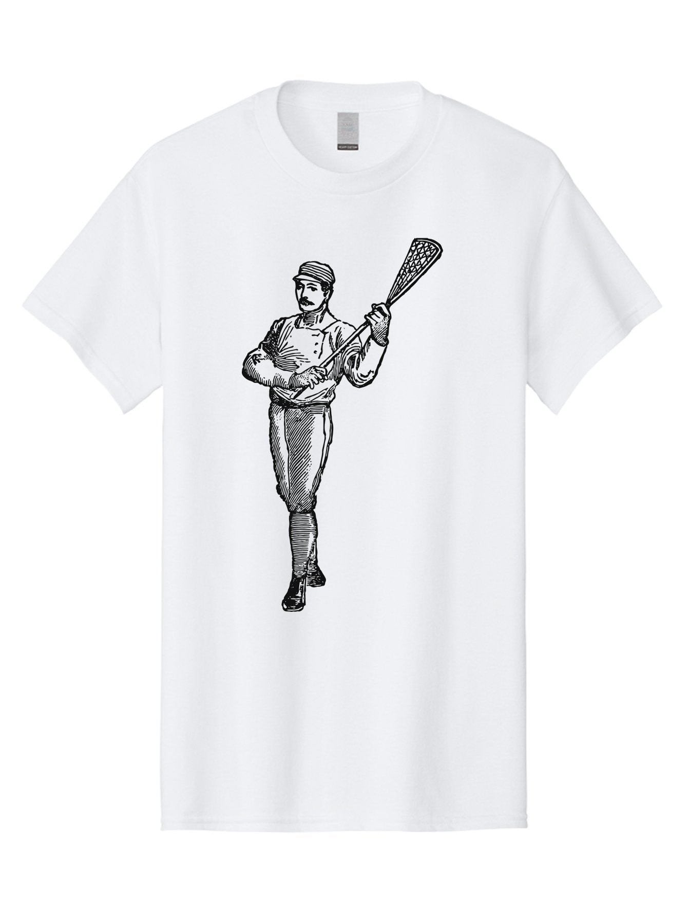 The Lacrosse Pioneer Men'S Graphic Tee, 100% Cotton, Comfortable Casual Summer Wear, Machine Washable, Lacrosse Player, Sports Illustration, Vintage Style, Mustachioed Man, Lacrosse Stick, Athletic Pose, Confident Stance, Aae711 3