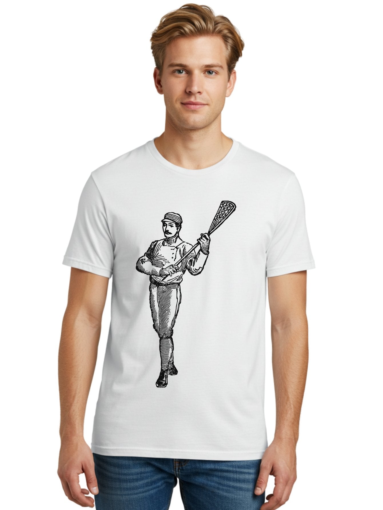 The Lacrosse Pioneer Men'S Graphic Tee, 100% Cotton, Comfortable Casual Summer Wear, Machine Washable, Lacrosse Player, Sports Illustration, Vintage Style, Mustachioed Man, Lacrosse Stick, Athletic Pose, Confident Stance, Aae711 22