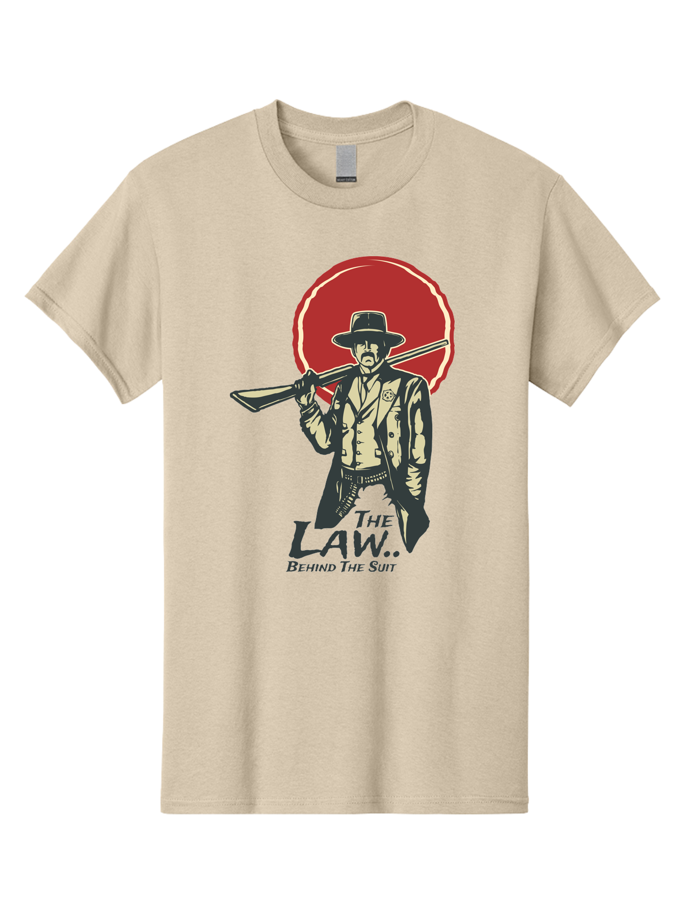 The Law Behind The Suit Men'S Graphic Tee, 100% Cotton, Comfortable Casual Summer Wear, Machine Washable, Western Sheriff, Cowboy With Shotgun, Law Enforcement, Western Style, Rugged Individualism, Vintage Graphics, Retro Illustration, Aae712