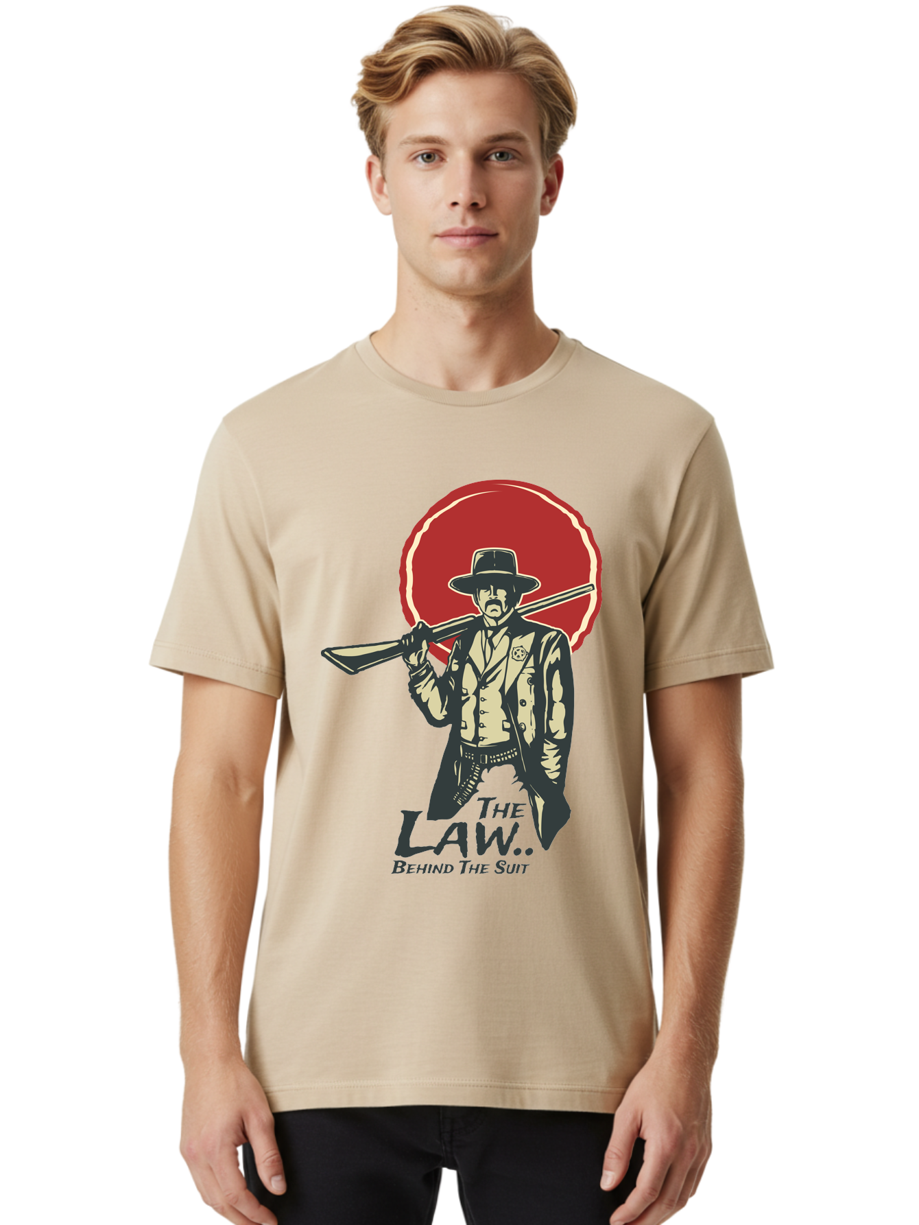 The Law Behind The Suit Men'S Graphic Tee, 100% Cotton, Comfortable Casual Summer Wear, Machine Washable, Western Sheriff, Cowboy With Shotgun, Law Enforcement, Western Style, Rugged Individualism, Vintage Graphics, Retro Illustration, Aae712