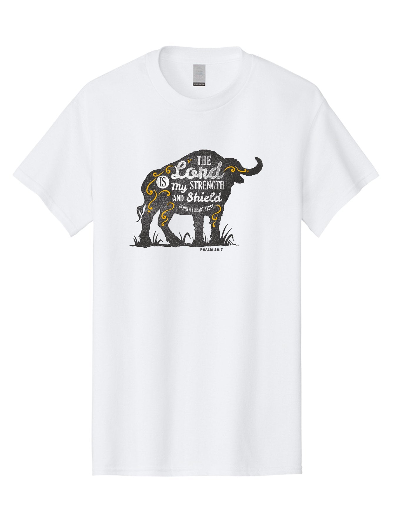 The Lord Is My Strength Men'S Graphic Tee, 100% Cotton, Comfortable Casual Summer Wear, Machine Washable, Inspirational Quote, Bible Verse, Psalm 28:7, Elephant Silhouette, Decorative Flourish, White Typography, Faith-Based Design, Aae714 12