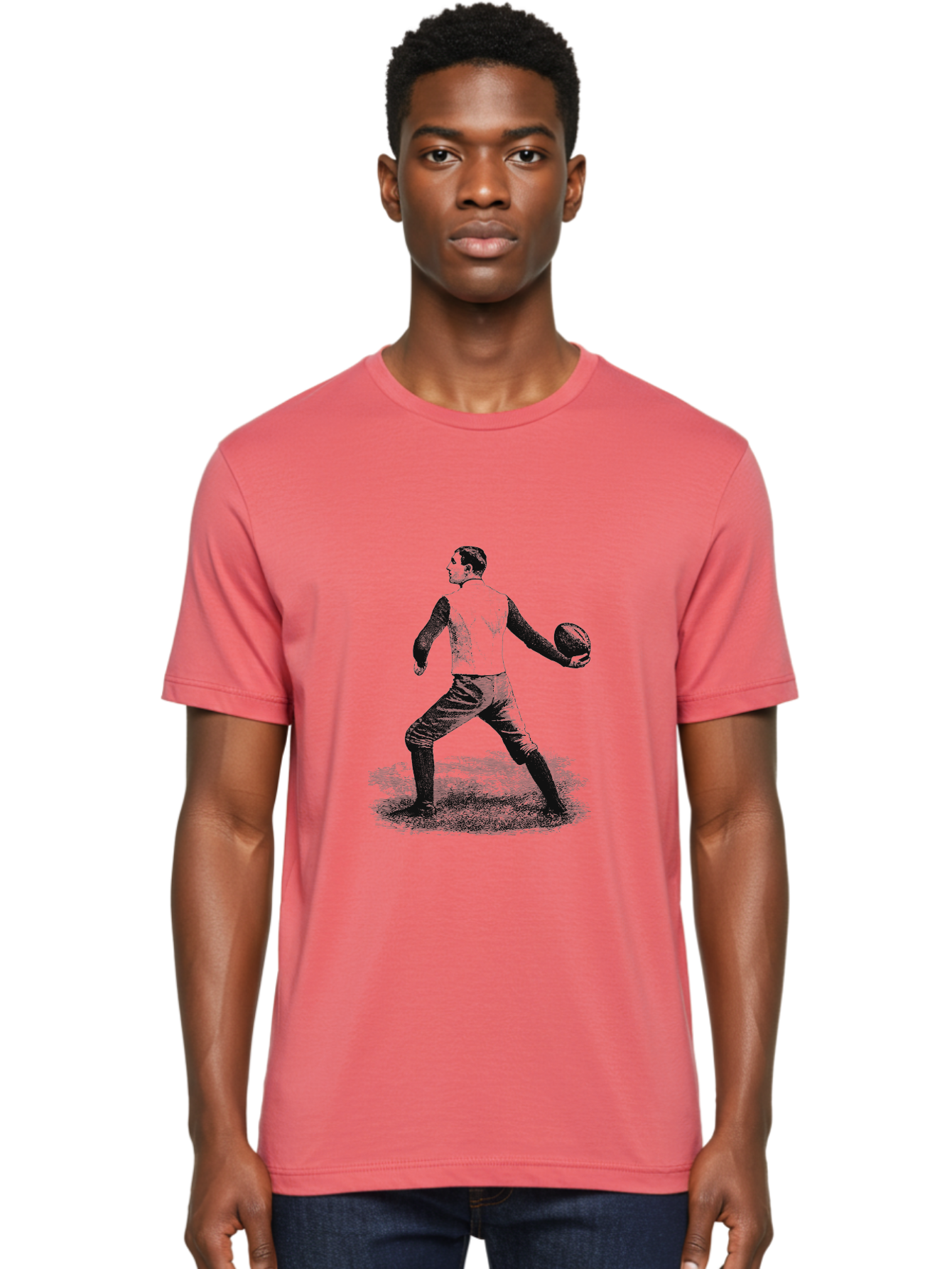 The Original Quarterback Men'S Graphic Tee, 100% Cotton, Comfortable Casual Summer Wear, Machine Washable, Rugby Player In Action, Athlete In Motion, Sports Illustration, Vintage Style, Rugby Ball, Dynamic Pose, Energetic Movement, Aae718 20