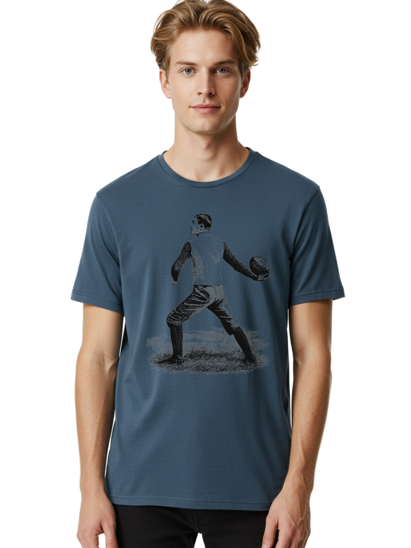 The Original Quarterback Men'S Graphic Tee, 100% Cotton, Comfortable Casual Summer Wear, Machine Washable, Rugby Player In Action, Athlete In Motion, Sports Illustration, Vintage Style, Rugby Ball, Dynamic Pose, Energetic Movement, Aae718 24