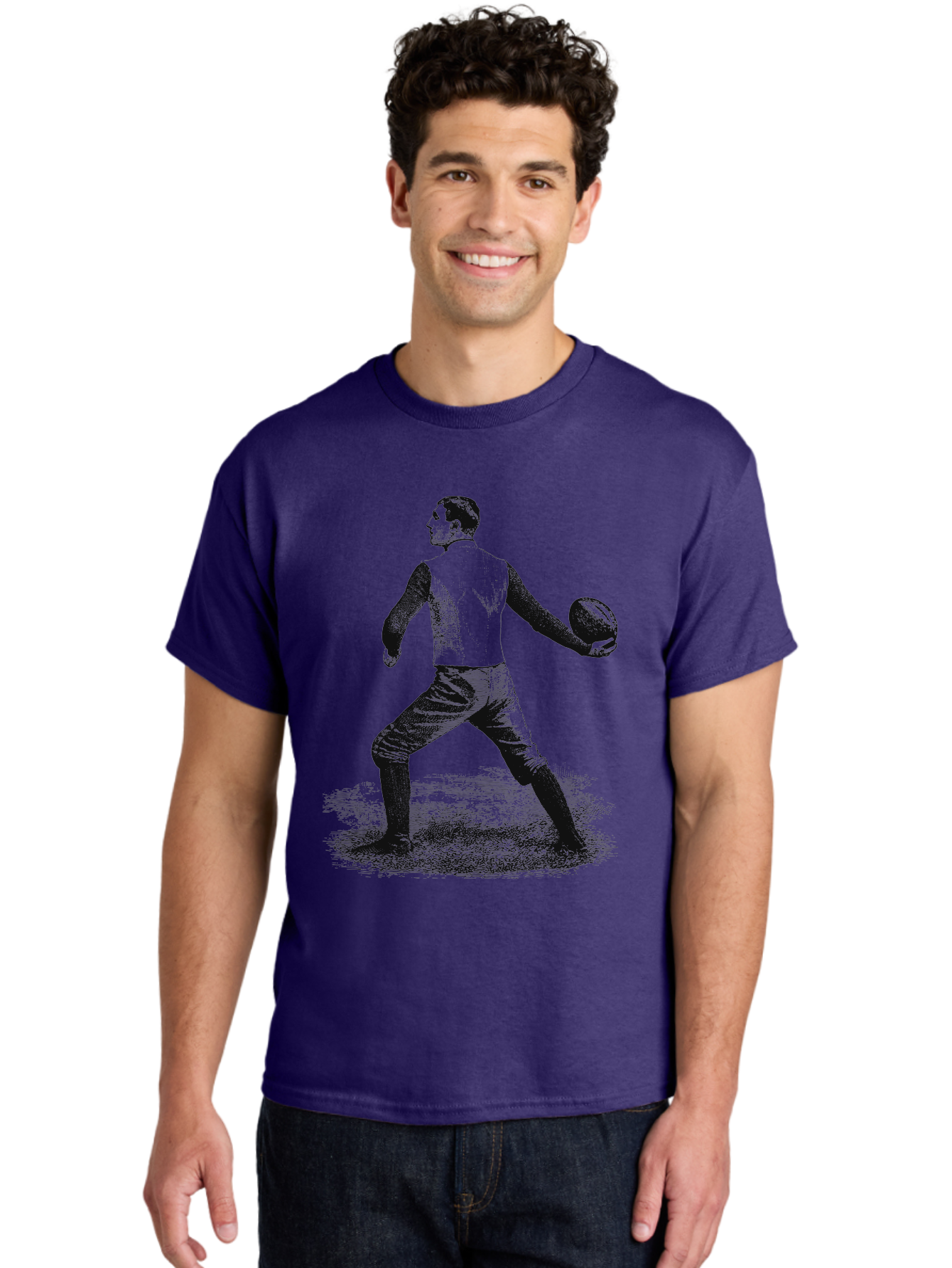The Original Quarterback Men'S Graphic Tee, 100% Cotton, Comfortable Casual Summer Wear, Machine Washable, Rugby Player In Action, Athlete In Motion, Sports Illustration, Vintage Style, Rugby Ball, Dynamic Pose, Energetic Movement, Aae718 8