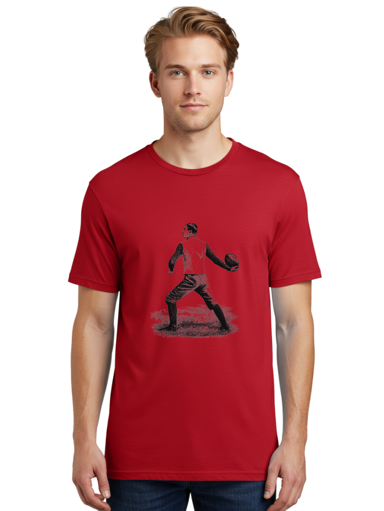 The Original Quarterback Men'S Graphic Tee, 100% Cotton, Comfortable Casual Summer Wear, Machine Washable, Rugby Player In Action, Athlete In Motion, Sports Illustration, Vintage Style, Rugby Ball, Dynamic Pose, Energetic Movement, Aae718
