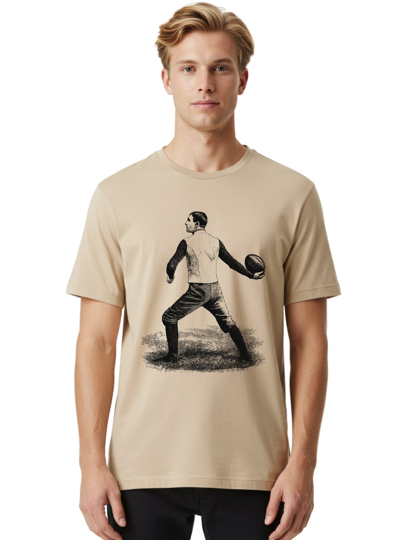 The Original Quarterback Men'S Graphic Tee, 100% Cotton, Comfortable Casual Summer Wear, Machine Washable, Rugby Player In Action, Athlete In Motion, Sports Illustration, Vintage Style, Rugby Ball, Dynamic Pose, Energetic Movement, Aae718 19