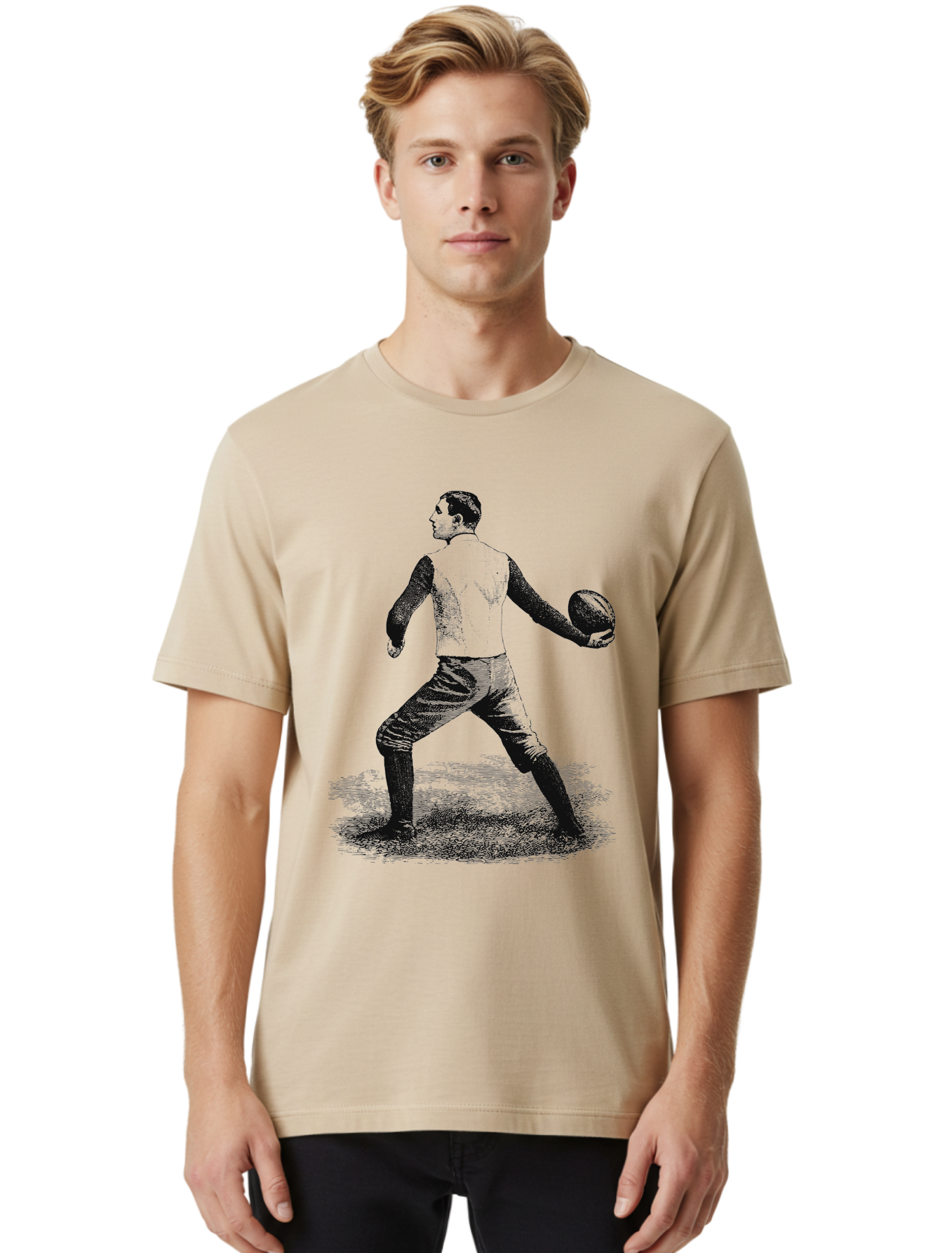 The Original Quarterback Men'S Graphic Tee, 100% Cotton, Comfortable Casual Summer Wear, Machine Washable, Rugby Player In Action, Athlete In Motion, Sports Illustration, Vintage Style, Rugby Ball, Dynamic Pose, Energetic Movement, Aae718 28