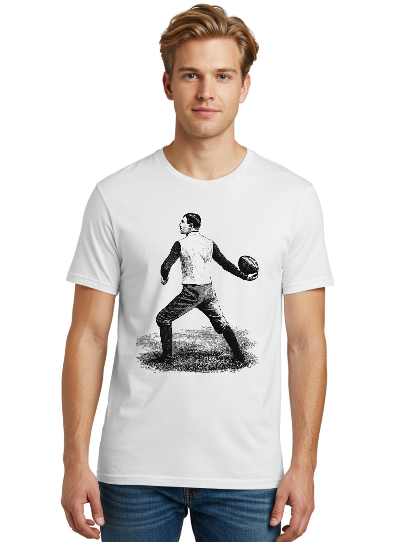 The Original Quarterback Men'S Graphic Tee, 100% Cotton, Comfortable Casual Summer Wear, Machine Washable, Rugby Player In Action, Athlete In Motion, Sports Illustration, Vintage Style, Rugby Ball, Dynamic Pose, Energetic Movement, Aae718 16