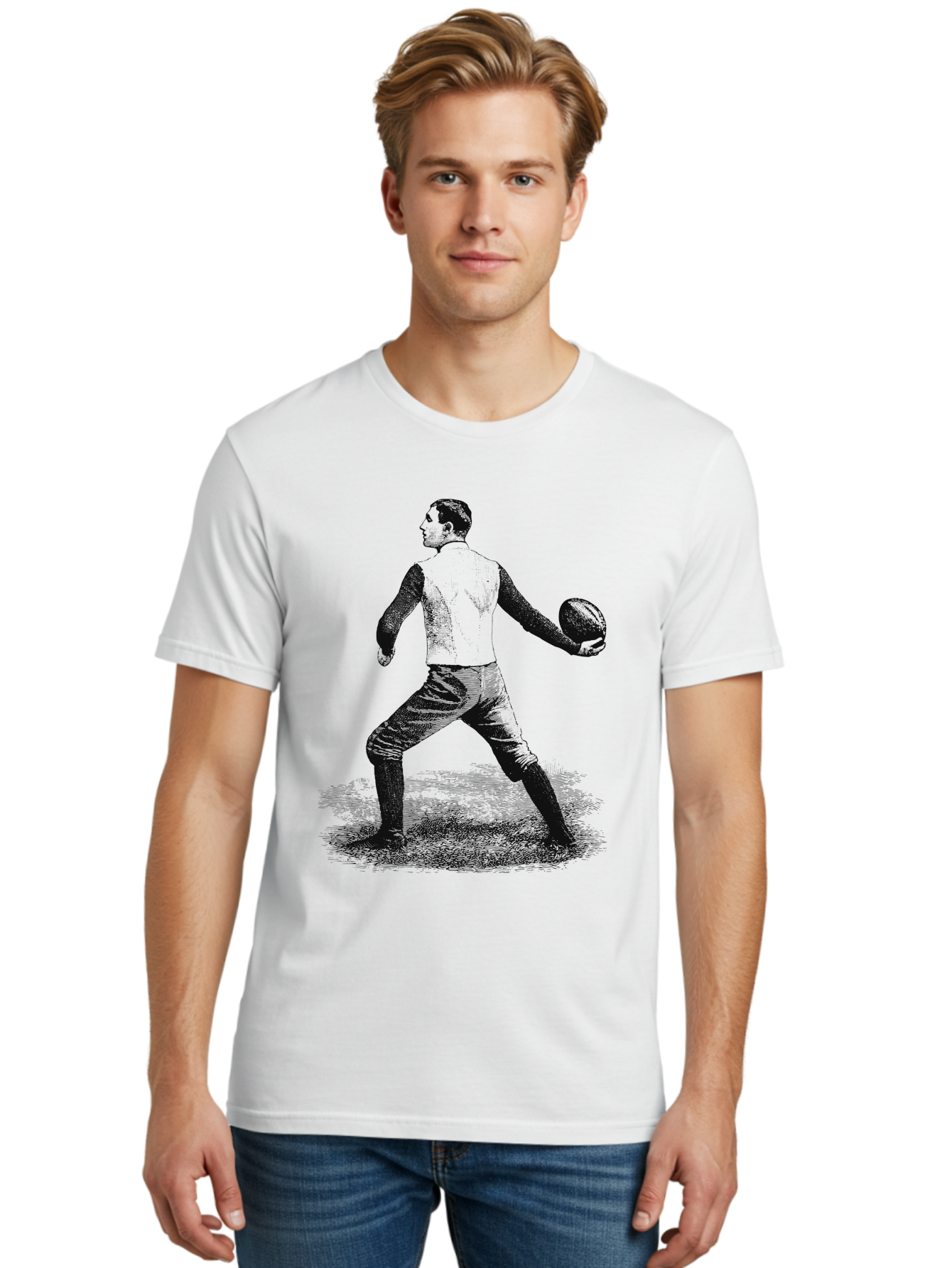 The Original Quarterback Men'S Graphic Tee, 100% Cotton, Comfortable Casual Summer Wear, Machine Washable, Rugby Player In Action, Athlete In Motion, Sports Illustration, Vintage Style, Rugby Ball, Dynamic Pose, Energetic Movement, Aae718 22