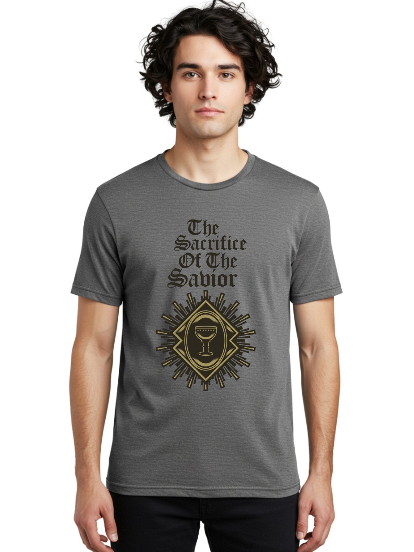 The Sacrifice Of The Savior Men'S Graphic Tee, 100% Cotton, Comfortable Casual Summer Wear, Machine Washable, Chalice Symbolism, Religious Sacrifice, Savior Theme, Spiritual Imagery, Gothic Typography, Sacred Ritual, Faith Representation, Aae719 29