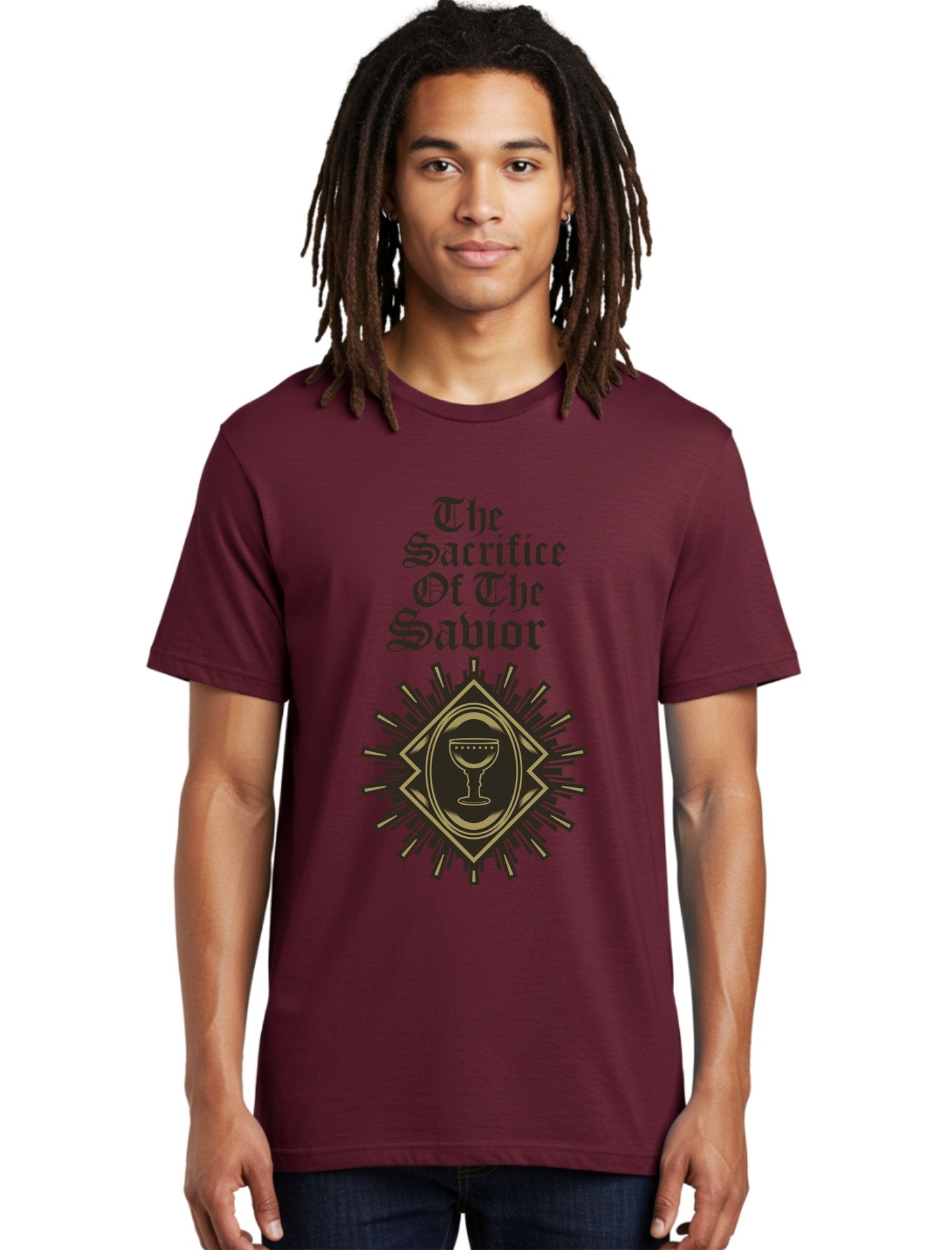 The Sacrifice Of The Savior Men'S Graphic Tee, 100% Cotton, Comfortable Casual Summer Wear, Machine Washable, Chalice Symbolism, Religious Sacrifice, Savior Theme, Spiritual Imagery, Gothic Typography, Sacred Ritual, Faith Representation, Aae719 28