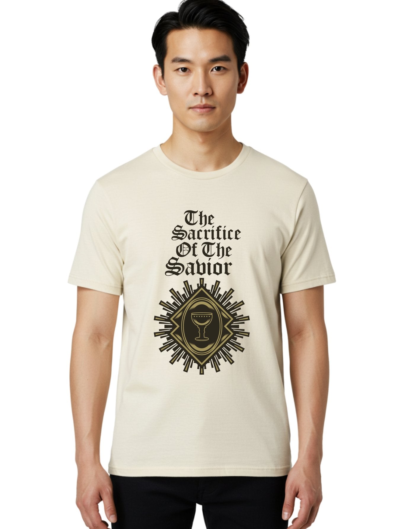 The Sacrifice Of The Savior Men'S Graphic Tee, 100% Cotton, Comfortable Casual Summer Wear, Machine Washable, Chalice Symbolism, Religious Sacrifice, Savior Theme, Spiritual Imagery, Gothic Typography, Sacred Ritual, Faith Representation, Aae719 30