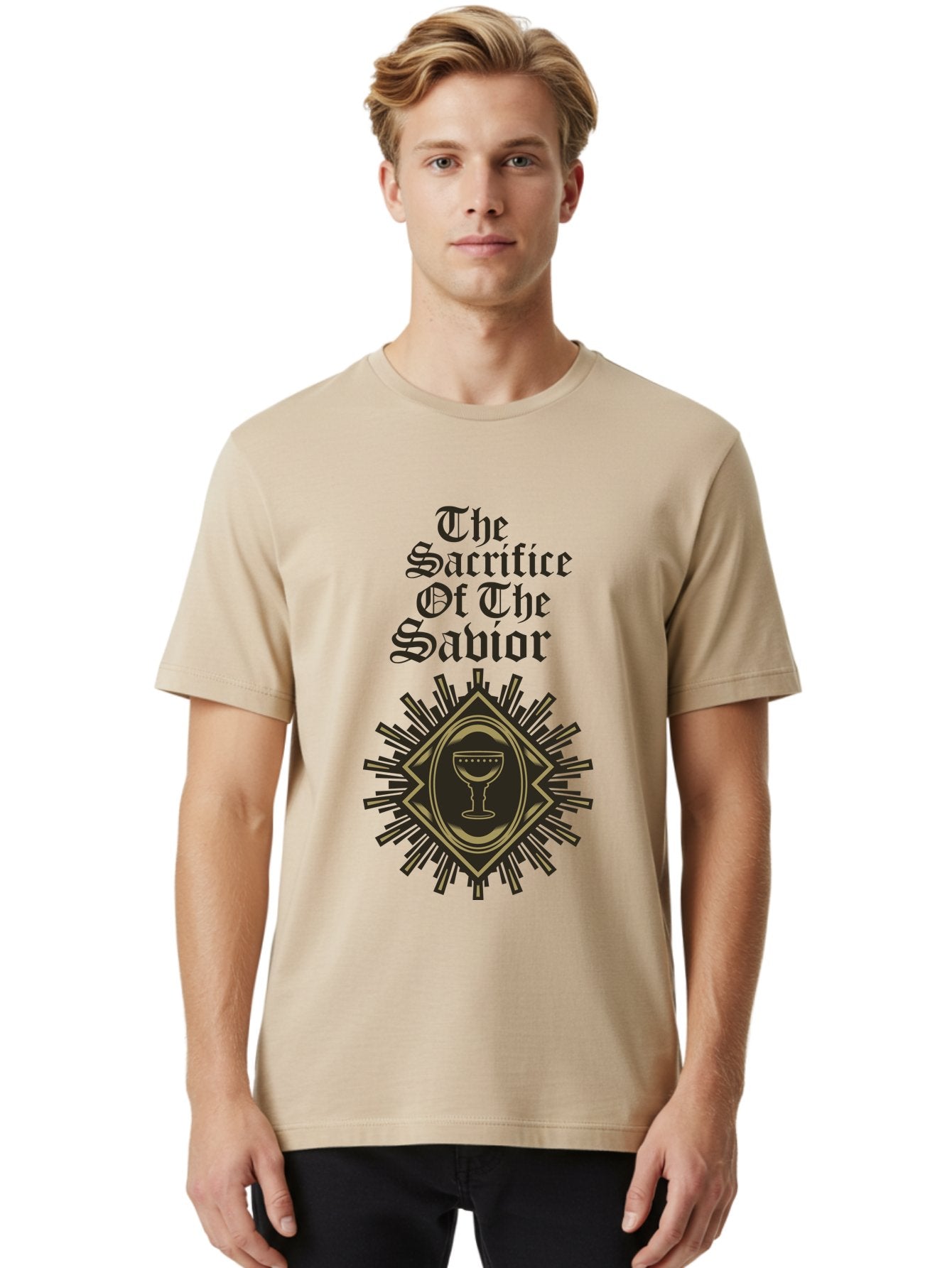 The Sacrifice Of The Savior Men'S Graphic Tee, 100% Cotton, Comfortable Casual Summer Wear, Machine Washable, Chalice Symbolism, Religious Sacrifice, Savior Theme, Spiritual Imagery, Gothic Typography, Sacred Ritual, Faith Representation, Aae719 27