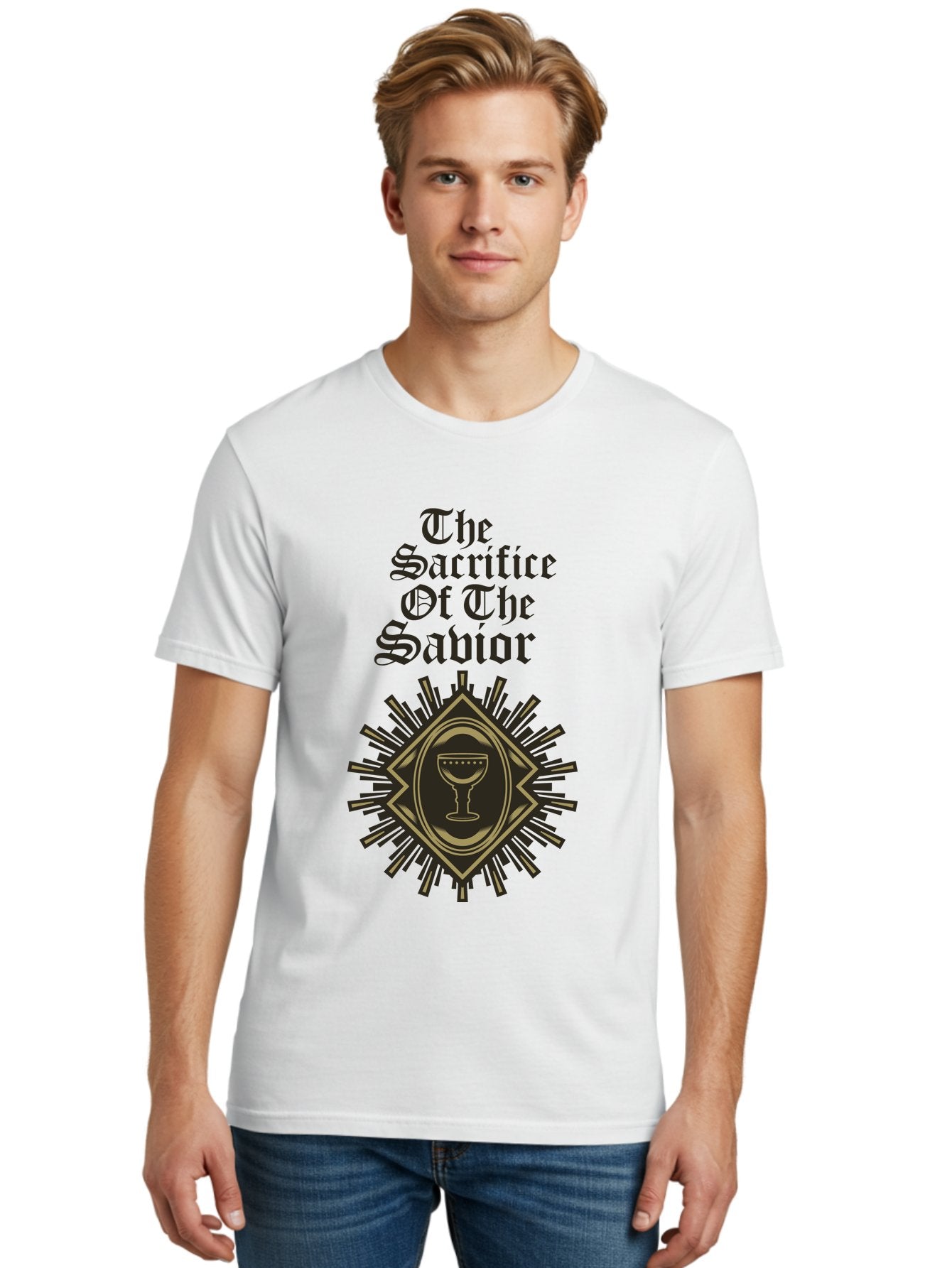 The Sacrifice Of The Savior Men'S Graphic Tee, 100% Cotton, Comfortable Casual Summer Wear, Machine Washable, Chalice Symbolism, Religious Sacrifice, Savior Theme, Spiritual Imagery, Gothic Typography, Sacred Ritual, Faith Representation, Aae719 22
