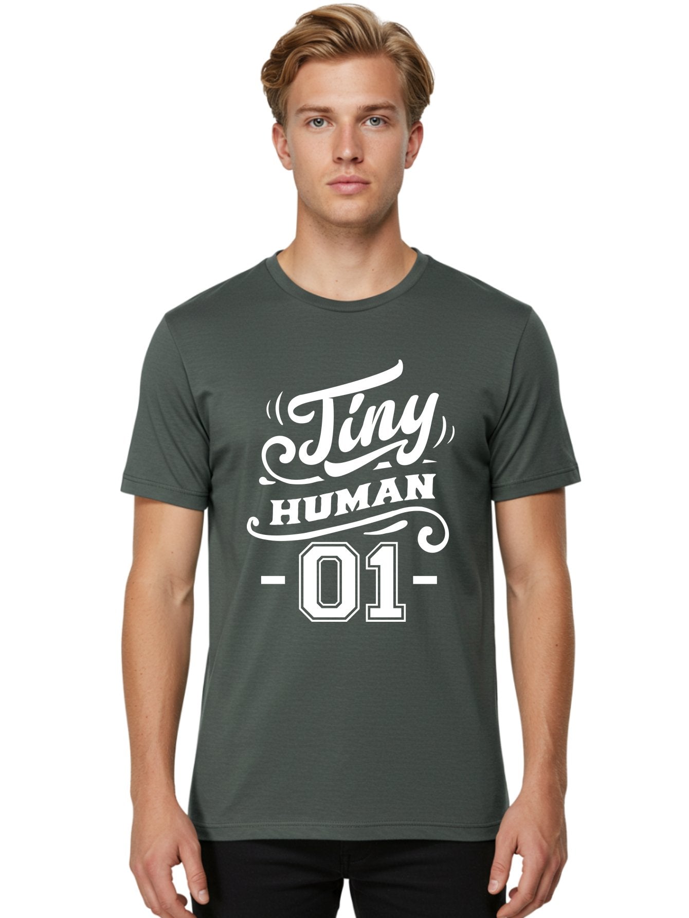 Tiny Human 01 White Men'S Graphic Tee, 100% Cotton, Comfortable Casual Summer Wear, Machine Washable, Tiny Human 01, Typographic Design, White Text On Green, Stylized Font, Decorative Swirls, Modern Typography, Minimalist Style, Aae740 19