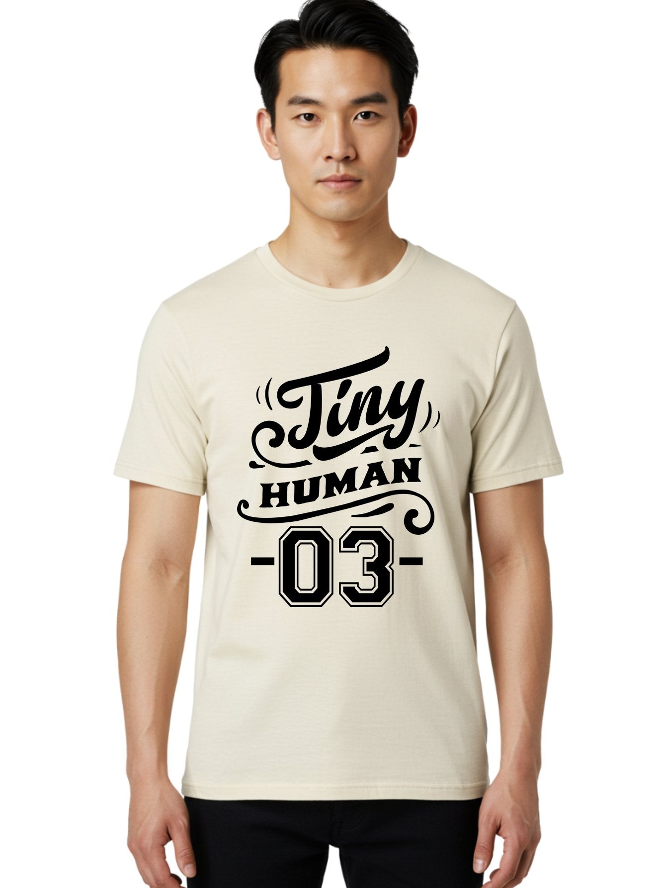 Tiny Human 03 Men'S Graphic Tee, 100% Cotton, Comfortable Casual Summer Wear, Machine Washable, Tiny Human 03, Typographic Design, Abstract Art, Minimalist Style, Black Text, Swirly Fonts, Elegant Typography, Modern Graphics, Number 03 Aae745 29