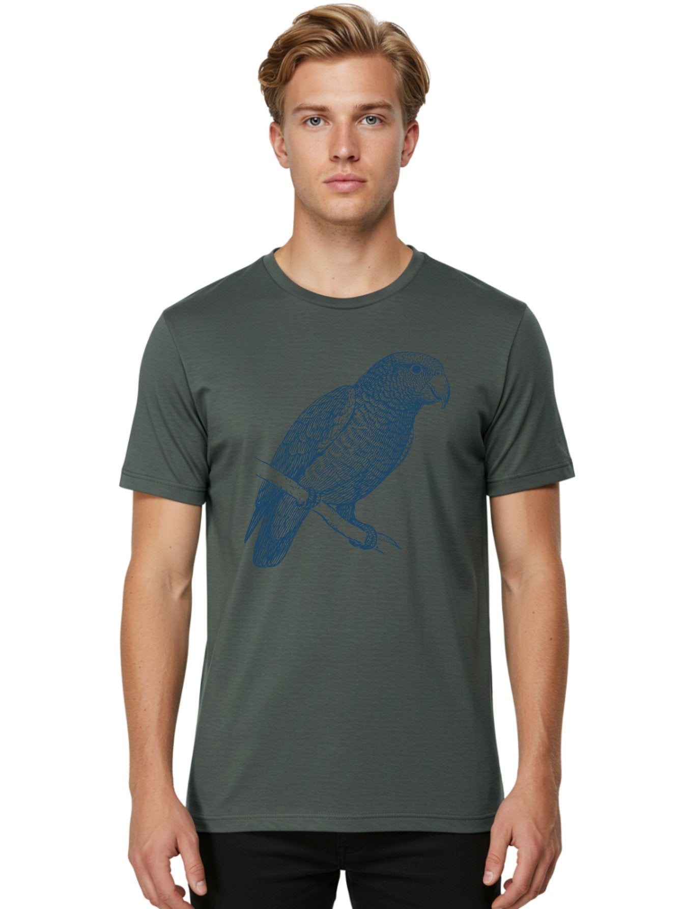 Tropical Bird Watch Men'S Graphic Tee, 100% Cotton, Comfortable Casual Summer Wear, Machine Washable, Parrot On A Branch, Bird'S Eye View, Detailed Illustration, Feathered Texture, Beak, Claws, Wildlife Art, Nature-Inspired Design Aae757 22
