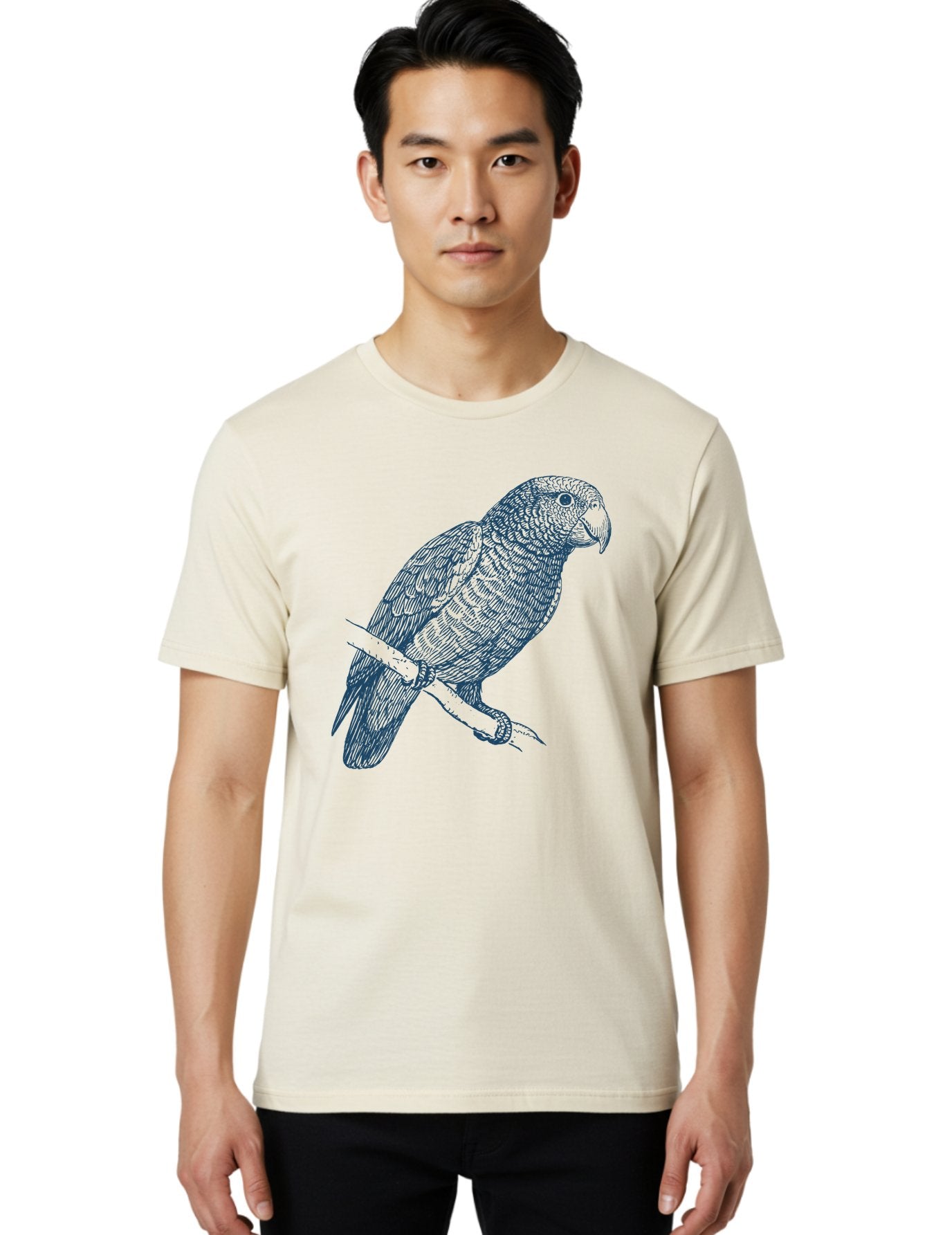 Tropical Bird Watch Men'S Graphic Tee, 100% Cotton, Comfortable Casual Summer Wear, Machine Washable, Parrot On A Branch, Bird'S Eye View, Detailed Illustration, Feathered Texture, Beak, Claws, Wildlife Art, Nature-Inspired Design Aae757 24