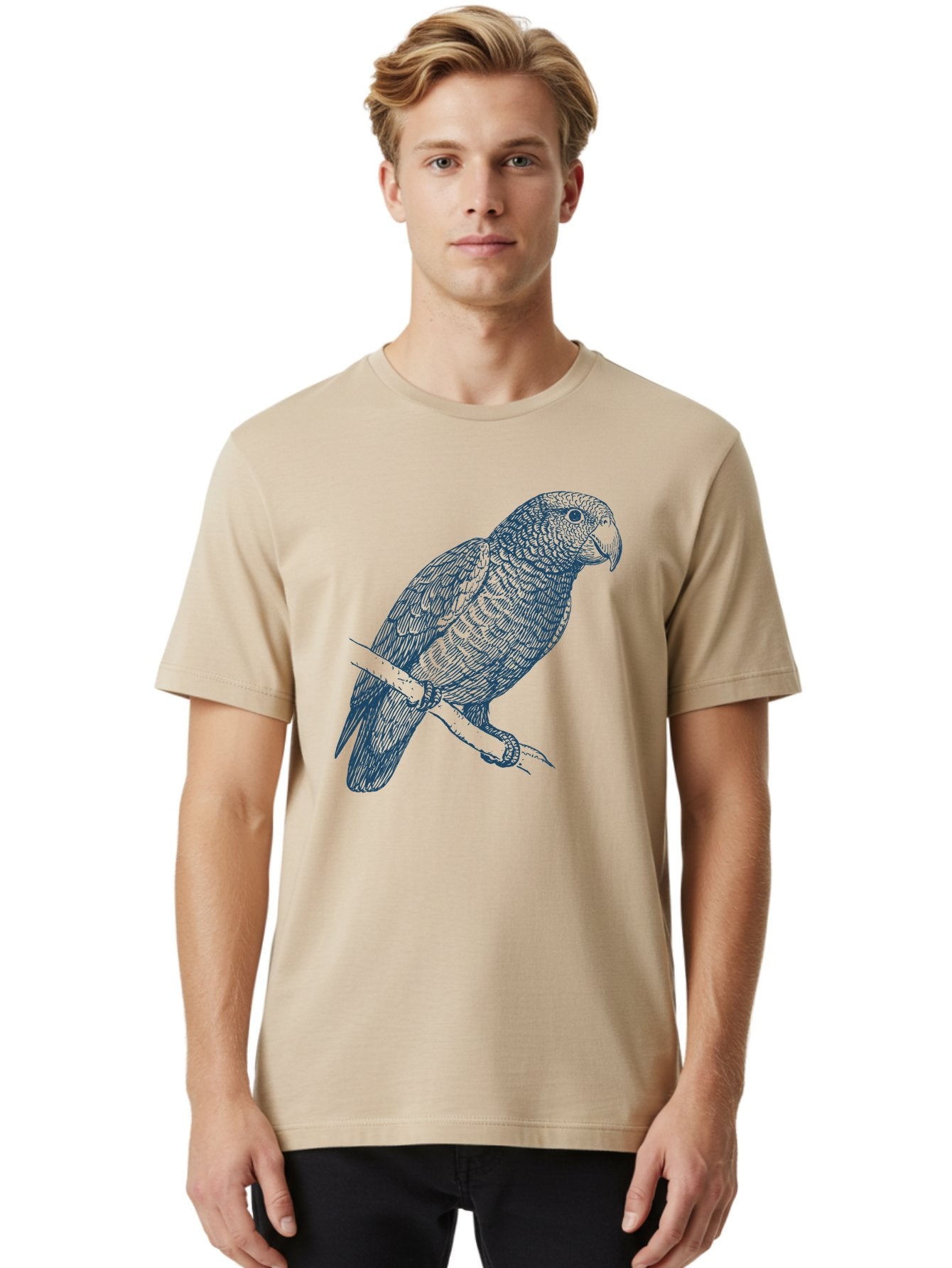 Tropical Bird Watch Men'S Graphic Tee, 100% Cotton, Comfortable Casual Summer Wear, Machine Washable, Parrot On A Branch, Bird'S Eye View, Detailed Illustration, Feathered Texture, Beak, Claws, Wildlife Art, Nature-Inspired Design Aae757 28