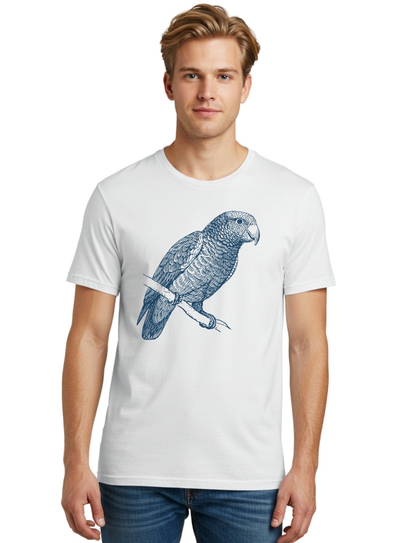 Tropical Bird Watch Men'S Graphic Tee, 100% Cotton, Comfortable Casual Summer Wear, Machine Washable, Parrot On A Branch, Bird'S Eye View, Detailed Illustration, Feathered Texture, Beak, Claws, Wildlife Art, Nature-Inspired Design Aae757 16