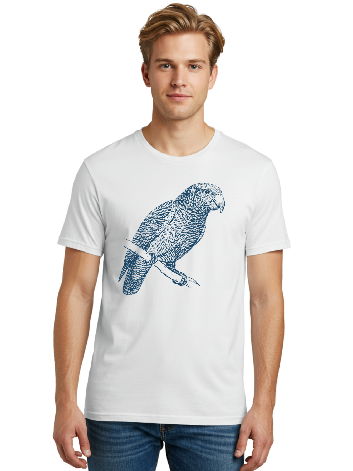 Tropical Bird Watch Men'S Graphic Tee, 100% Cotton, Comfortable Casual Summer Wear, Machine Washable, Parrot On A Branch, Bird'S Eye View, Detailed Illustration, Feathered Texture, Beak, Claws, Wildlife Art, Nature-Inspired Design Aae757 22