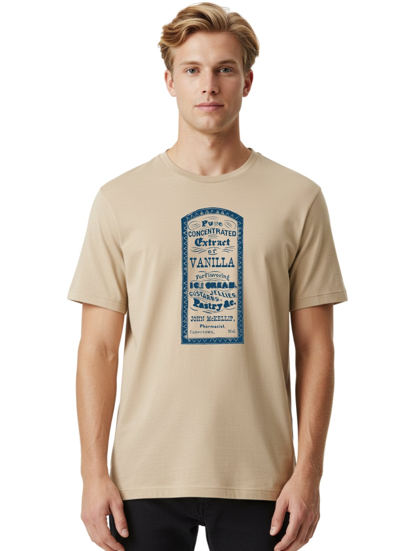 Vanilla-Extract Men'S Graphic Tee, 100% Cotton, Comfortable Casual Summer Wear, Machine Washable, Vanilla Extract Label, Vintage Design, Concentrated Vanilla, Ice Cream Flavoring, Custard Desserts, Pastry Ingredients, John Mckellip Pharmacist, Aae767 25