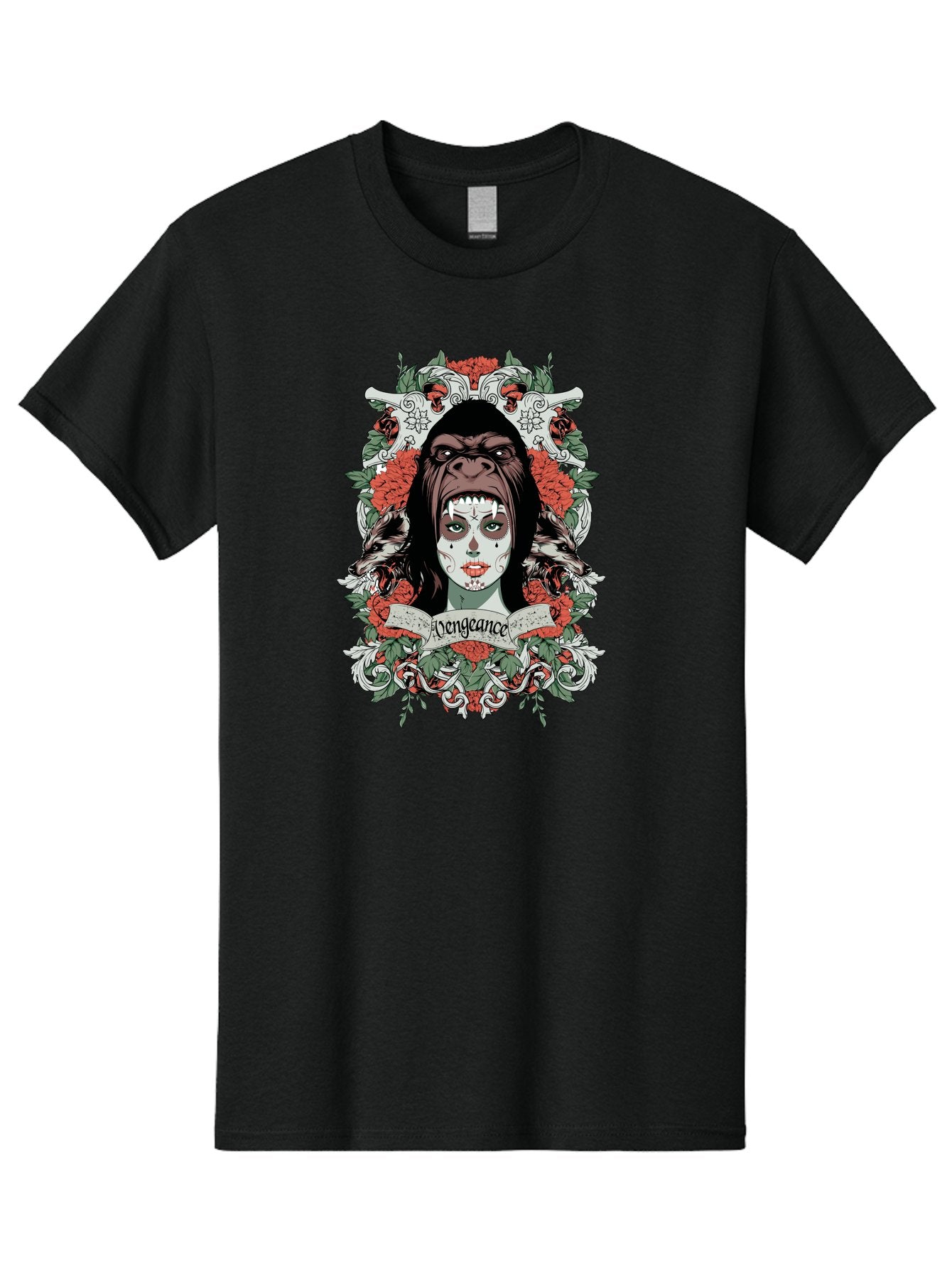 Vengeance Queen Men'S Graphic Tee, 100% Cotton, Comfortable Casual Summer Wear, Machine Washable, Gorilla Mask, Sugar Skull Design, Floral Wreath, Red Roses, Vengeance Banner, Crossbones, Gothic Style, Tattoo Art, Dark Illustration Aae769 15