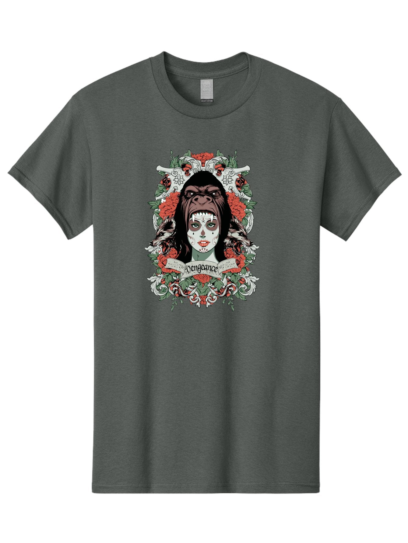 Vengeance Queen Men'S Graphic Tee, 100% Cotton, Comfortable Casual Summer Wear, Machine Washable, Gorilla Mask, Sugar Skull Design, Floral Wreath, Red Roses, Vengeance Banner, Crossbones, Gothic Style, Tattoo Art, Dark Illustration Aae769 10